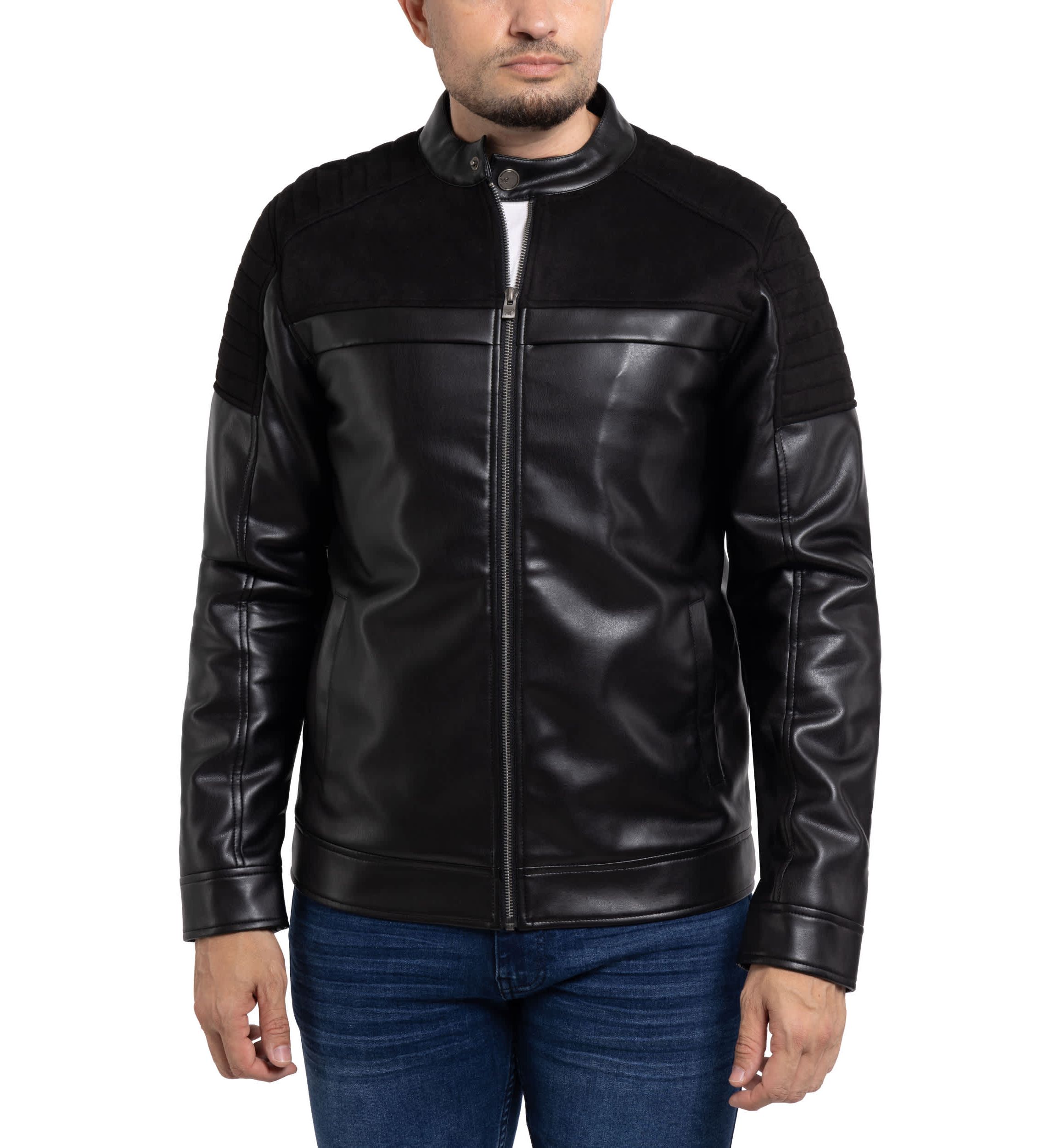 Mens Shiny PU Jacket With Faux Suede Detailing With Faux Shearling Lining