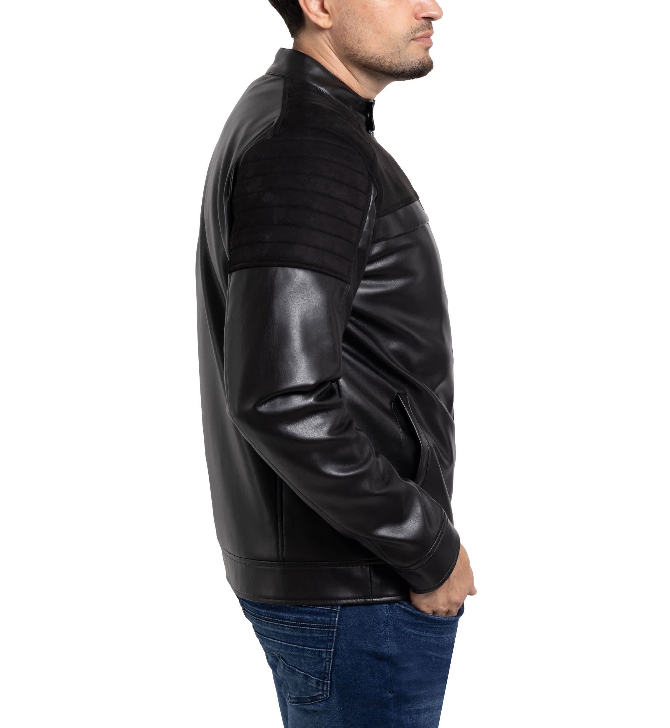 Mens Shiny PU Jacket With Faux Suede Detailing With Faux Shearling Lining