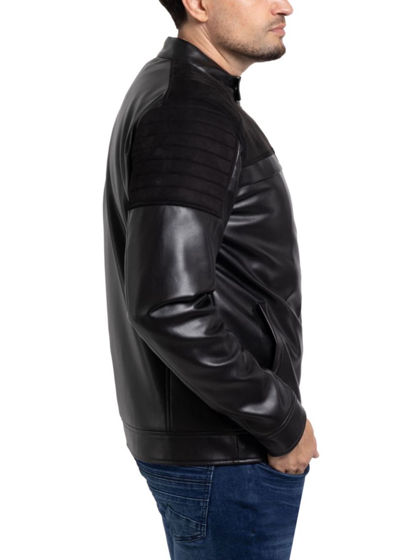Mens Shiny PU Jacket With Faux Suede Detailing With Faux Shearling Lining
