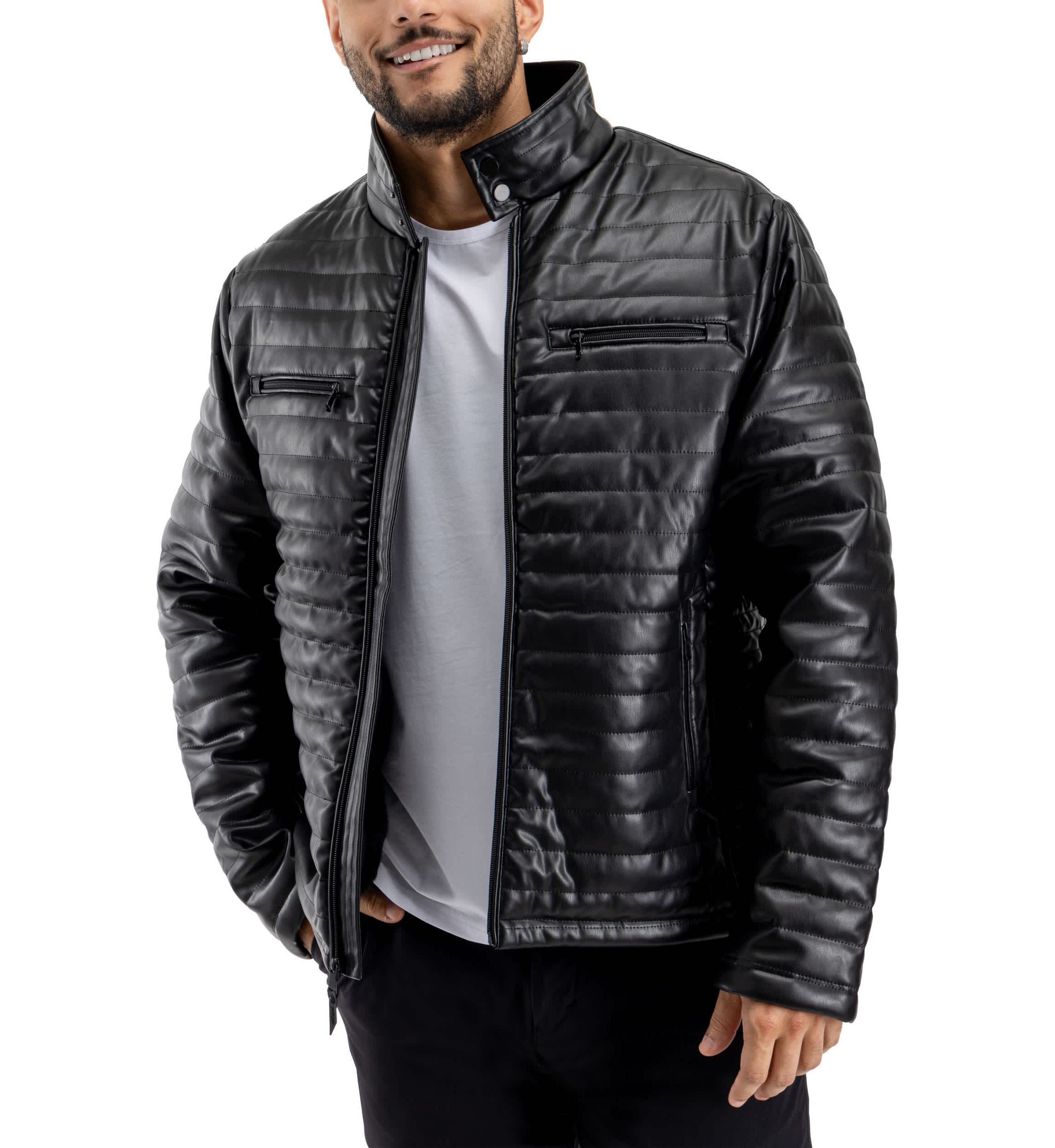 Mens PU Quilted Jacket With Faux Shearling Lining