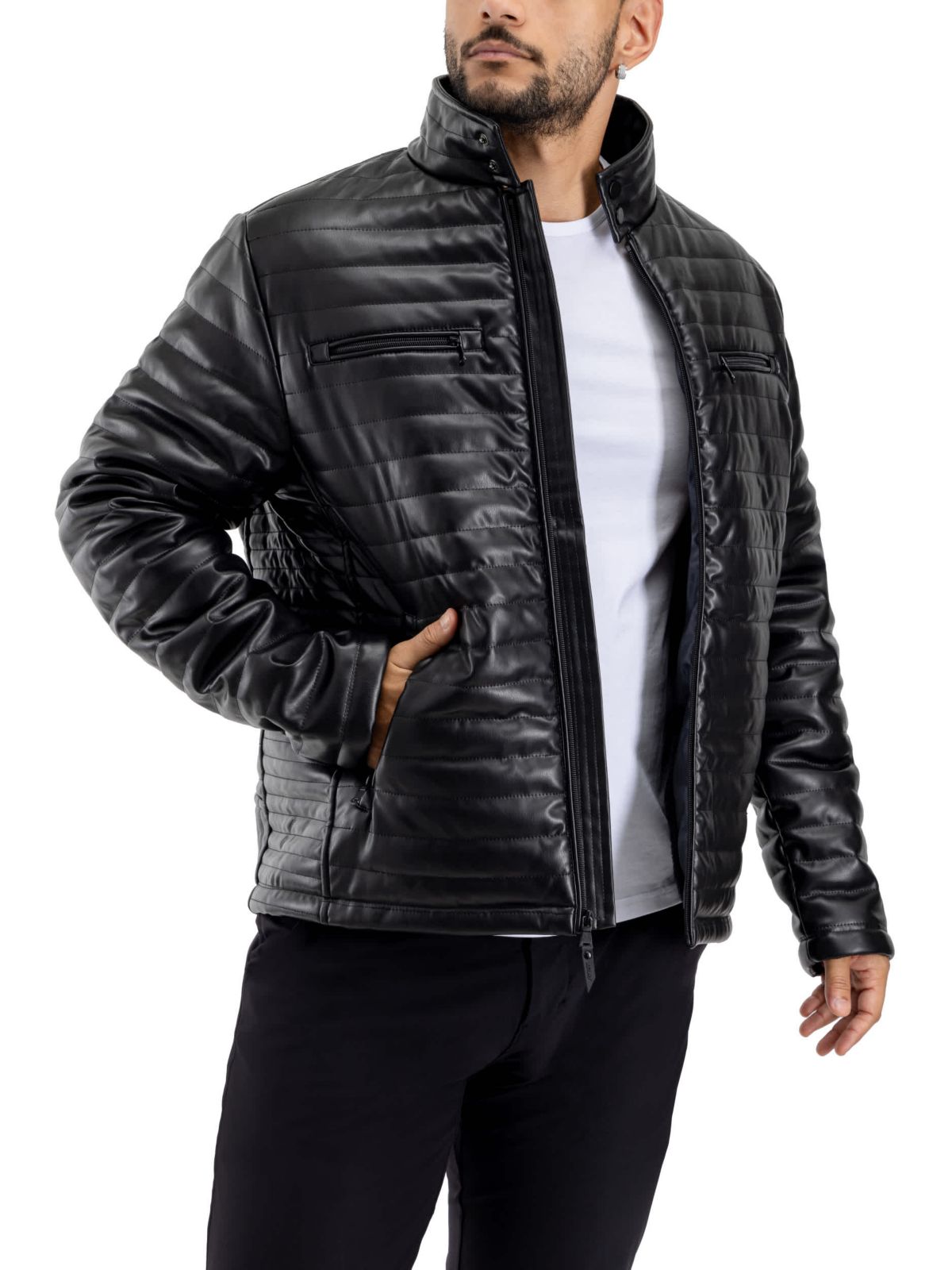 Mens PU Quilted Jacket With Faux Shearling Lining