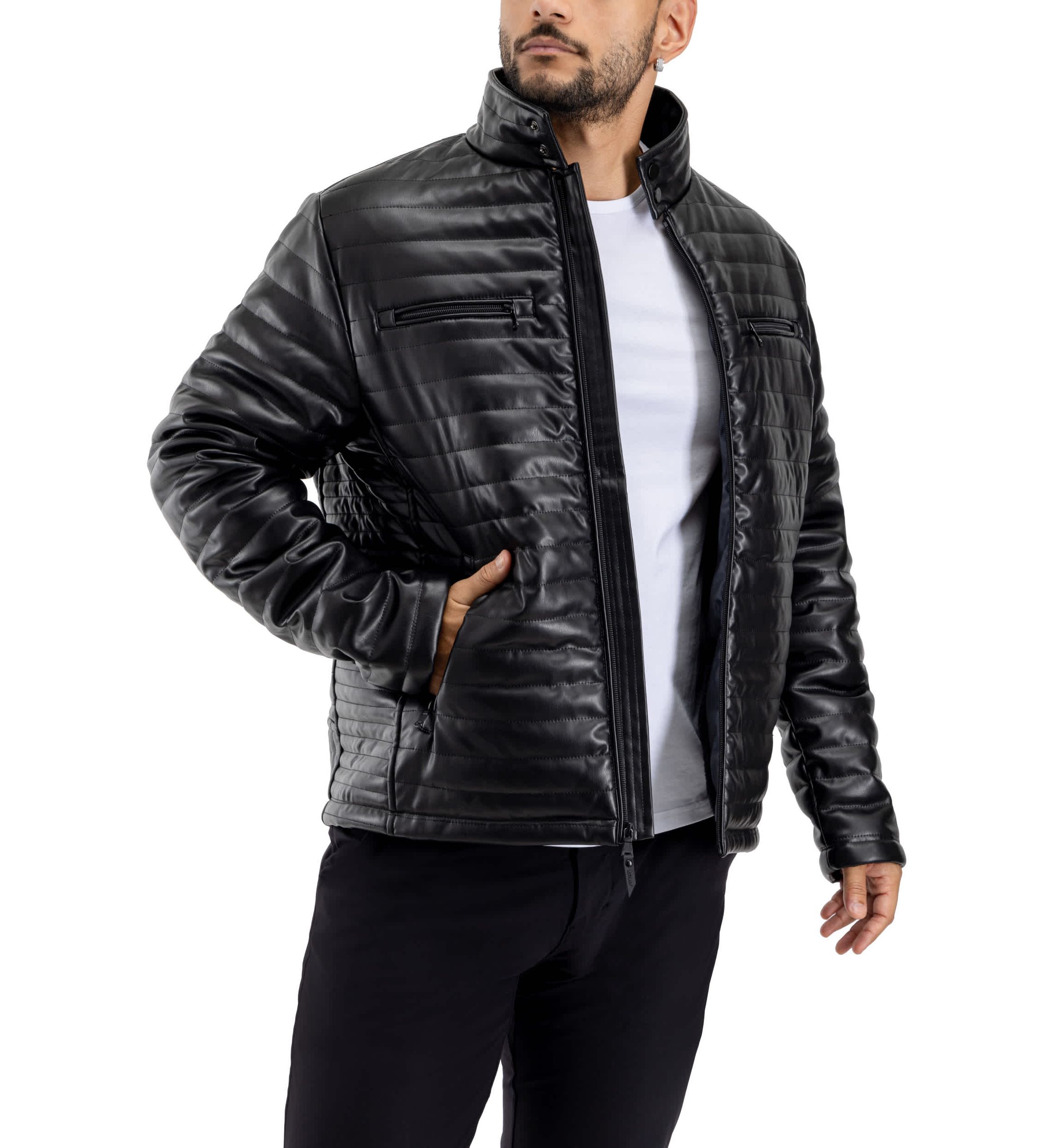 Mens PU Quilted Jacket With Faux Shearling Lining