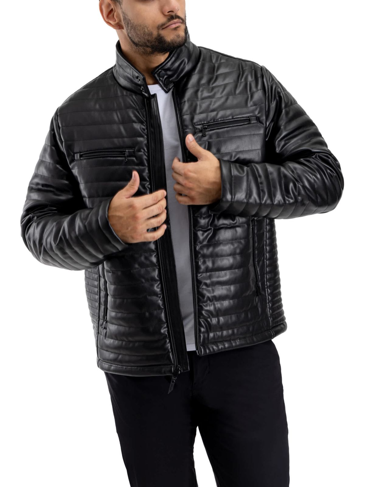 Mens PU Quilted Jacket With Faux Shearling Lining