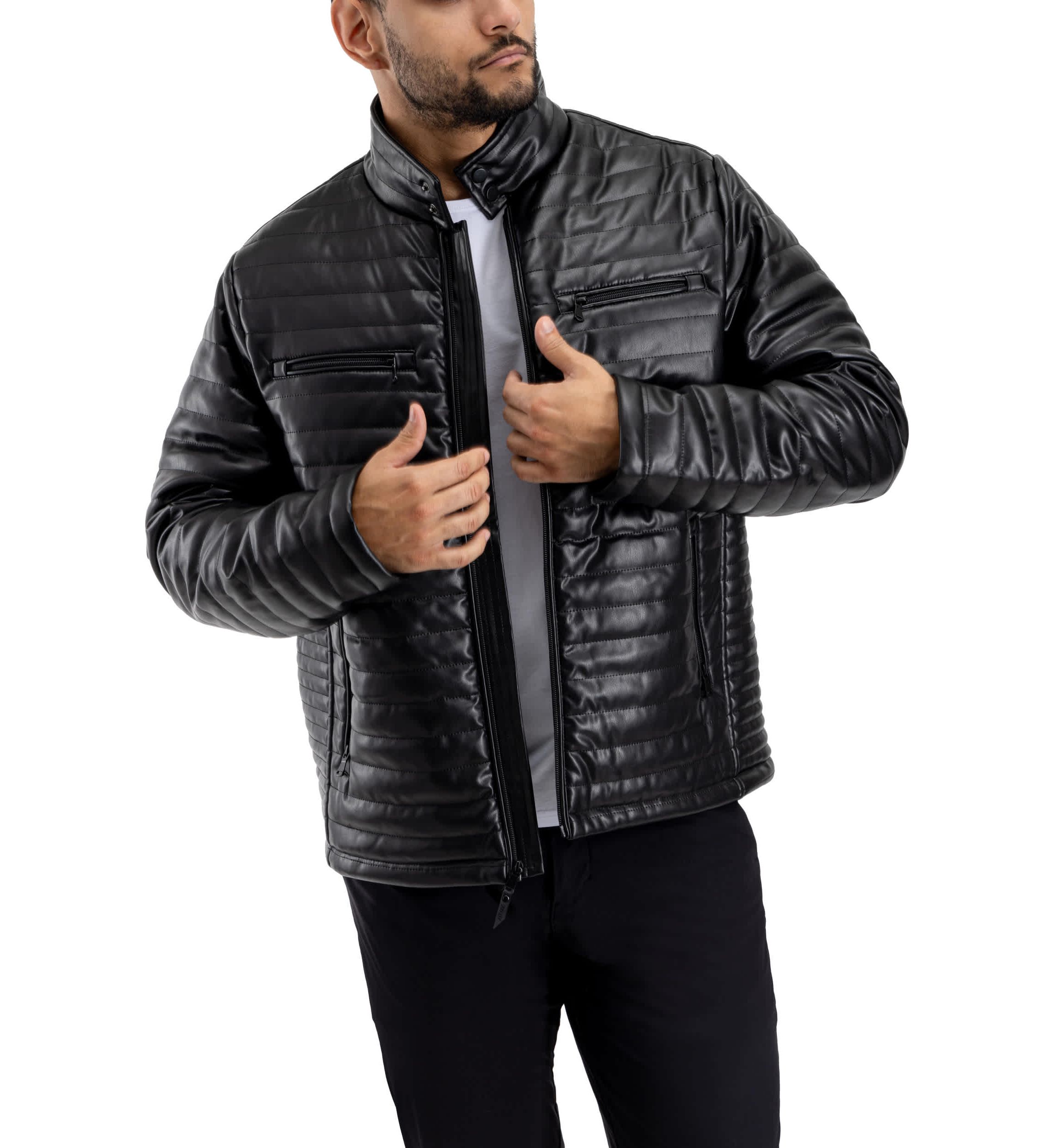 Mens PU Quilted Jacket With Faux Shearling Lining