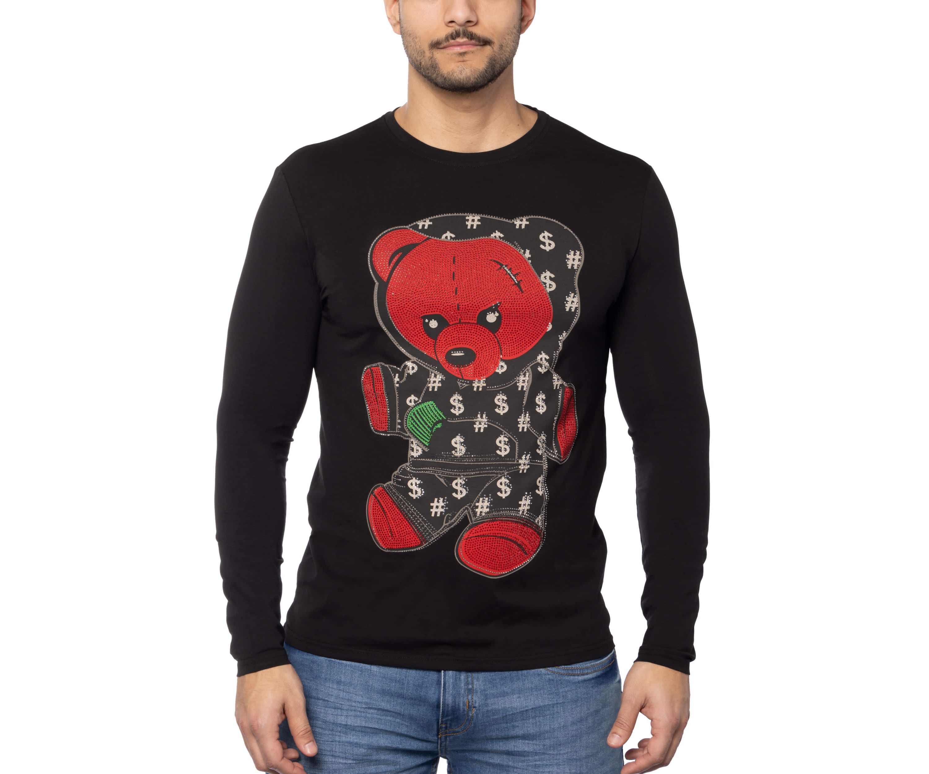 Mens Teddy Bear Rhinestone Graphic Long Sleeves T-Shirts
