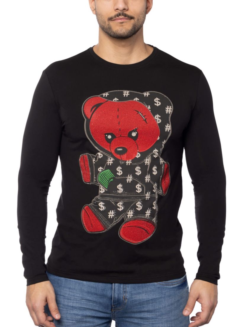 Mens Teddy Bear Rhinestone Graphic Long Sleeves T-Shirts