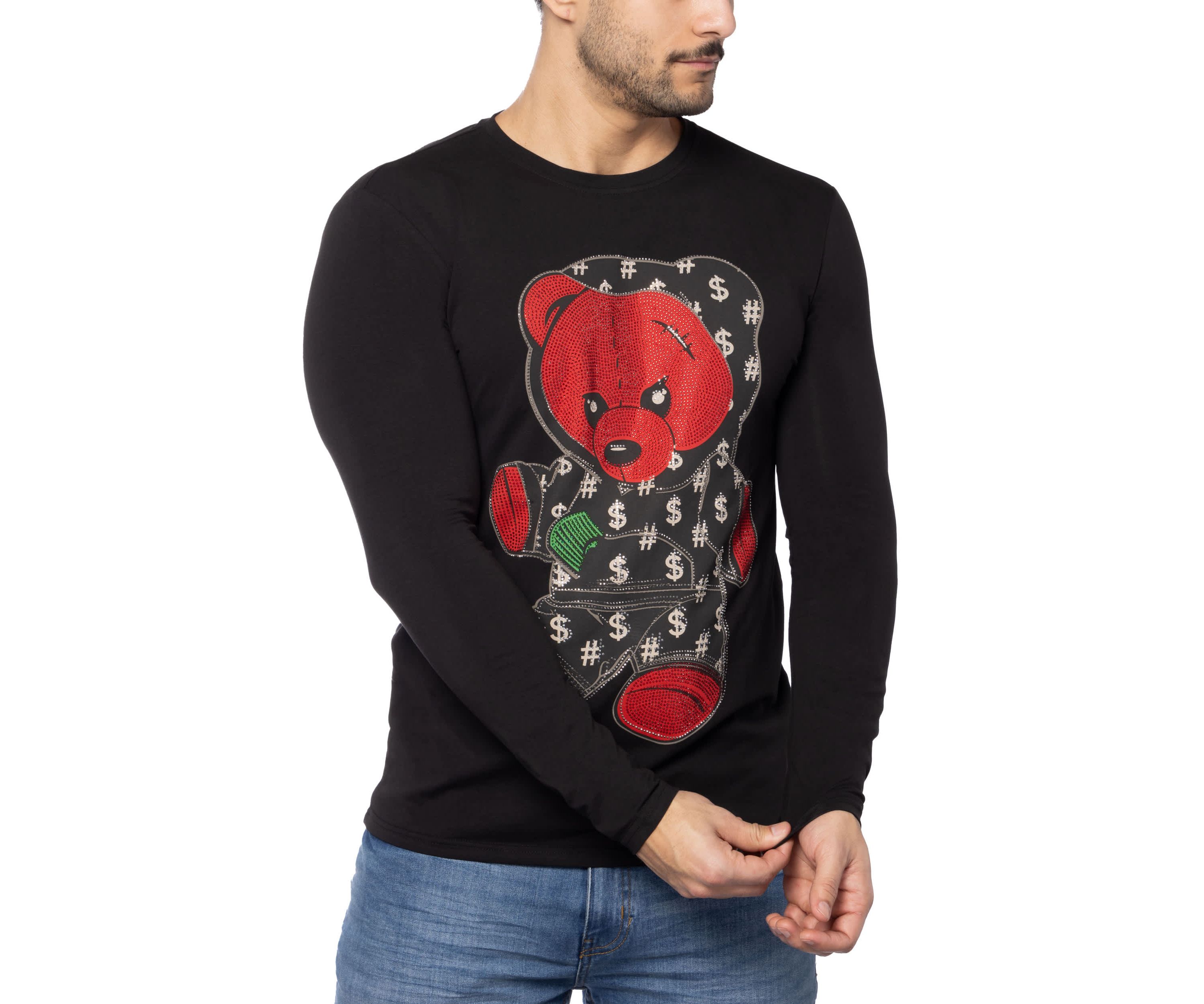 Mens Teddy Bear Rhinestone Graphic Long Sleeves T-Shirts