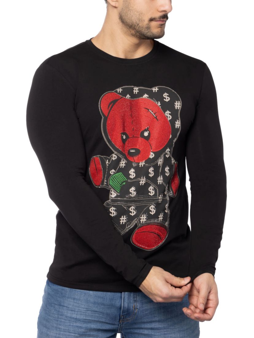 Mens Teddy Bear Rhinestone Graphic Long Sleeves T-Shirts