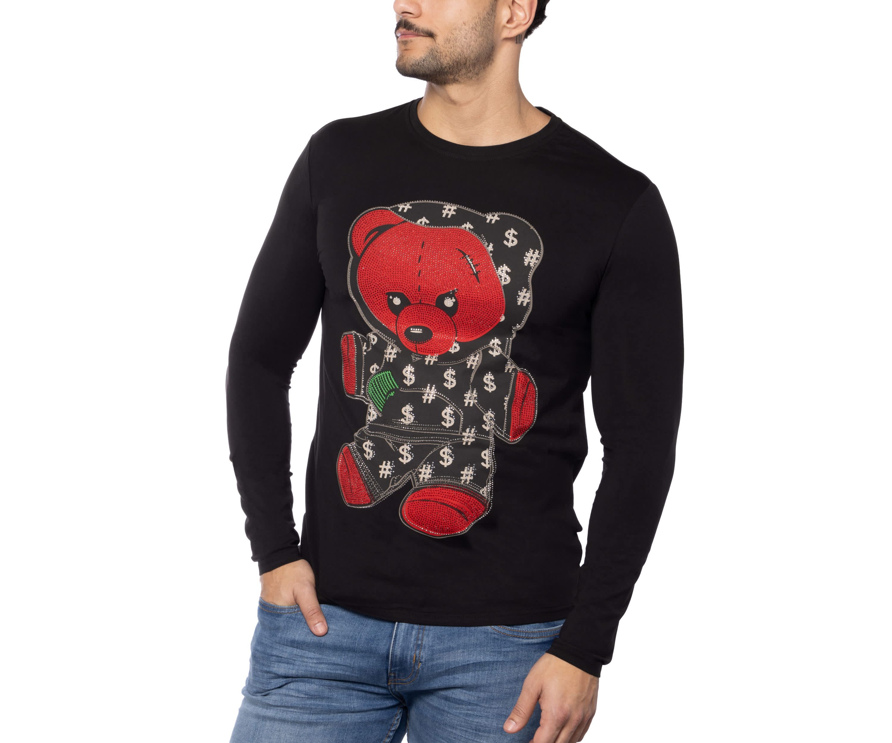Mens Teddy Bear Rhinestone Graphic Long Sleeves T-Shirts