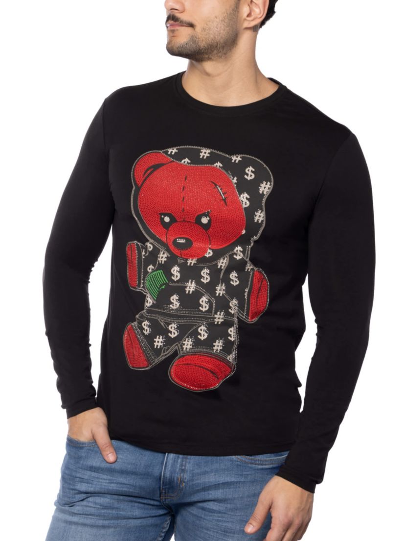 Mens Teddy Bear Rhinestone Graphic Long Sleeves T-Shirts