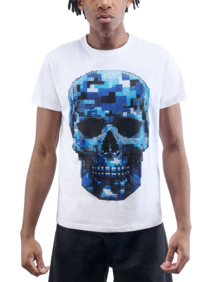 Mens Pixel Skull Rhinestone Graphic T-Shirt