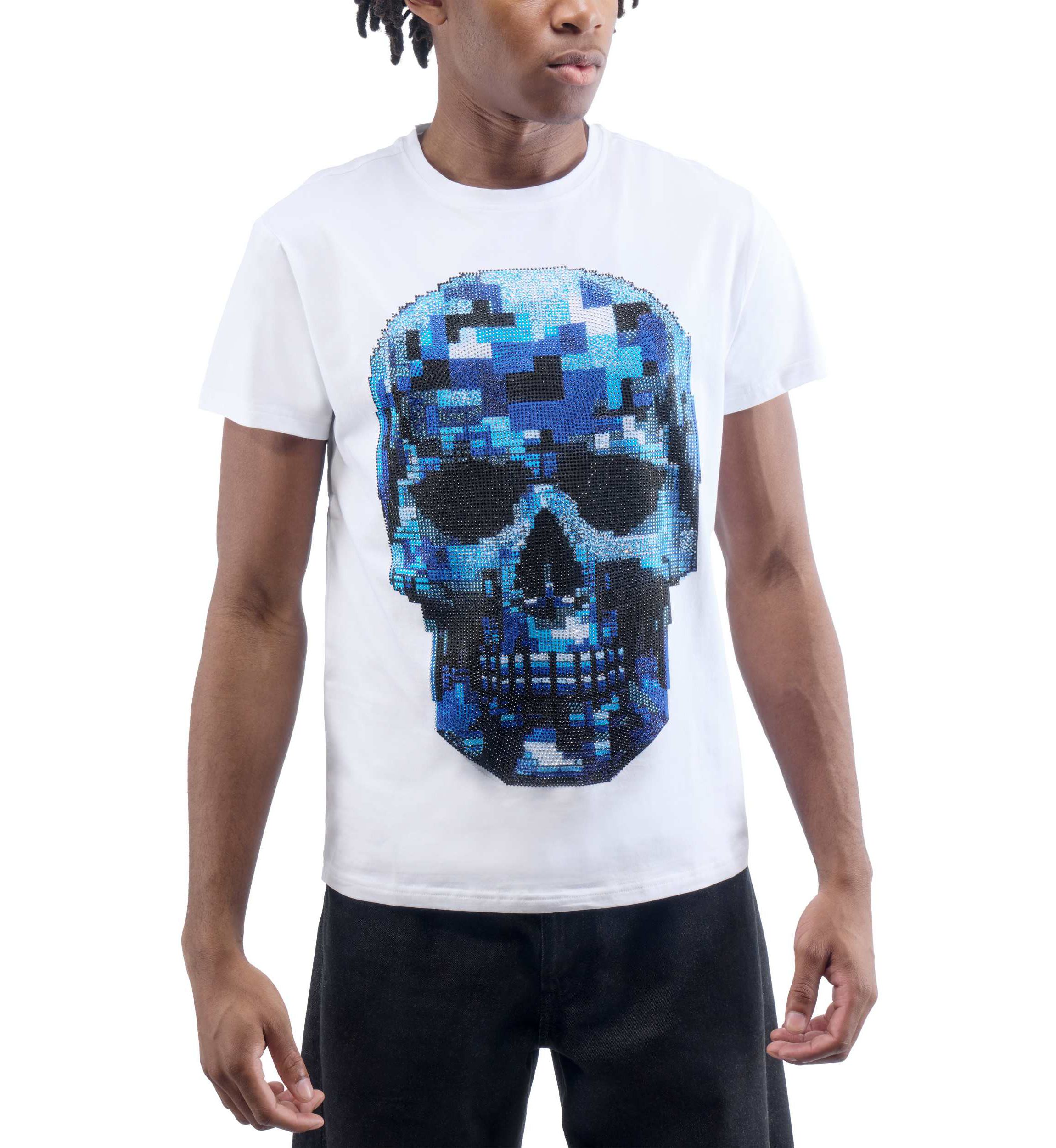 Mens Pixel Skull Rhinestone Graphic T-Shirt
