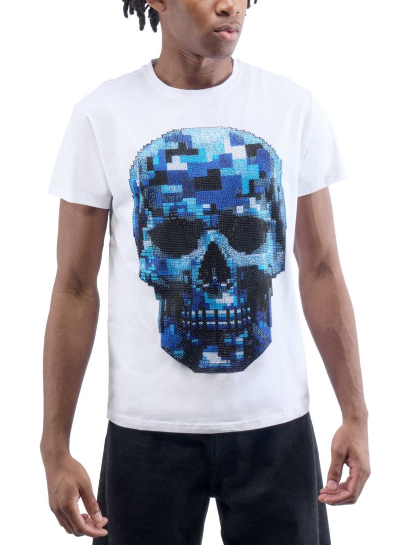 Mens Pixel Skull Rhinestone Graphic T-Shirt