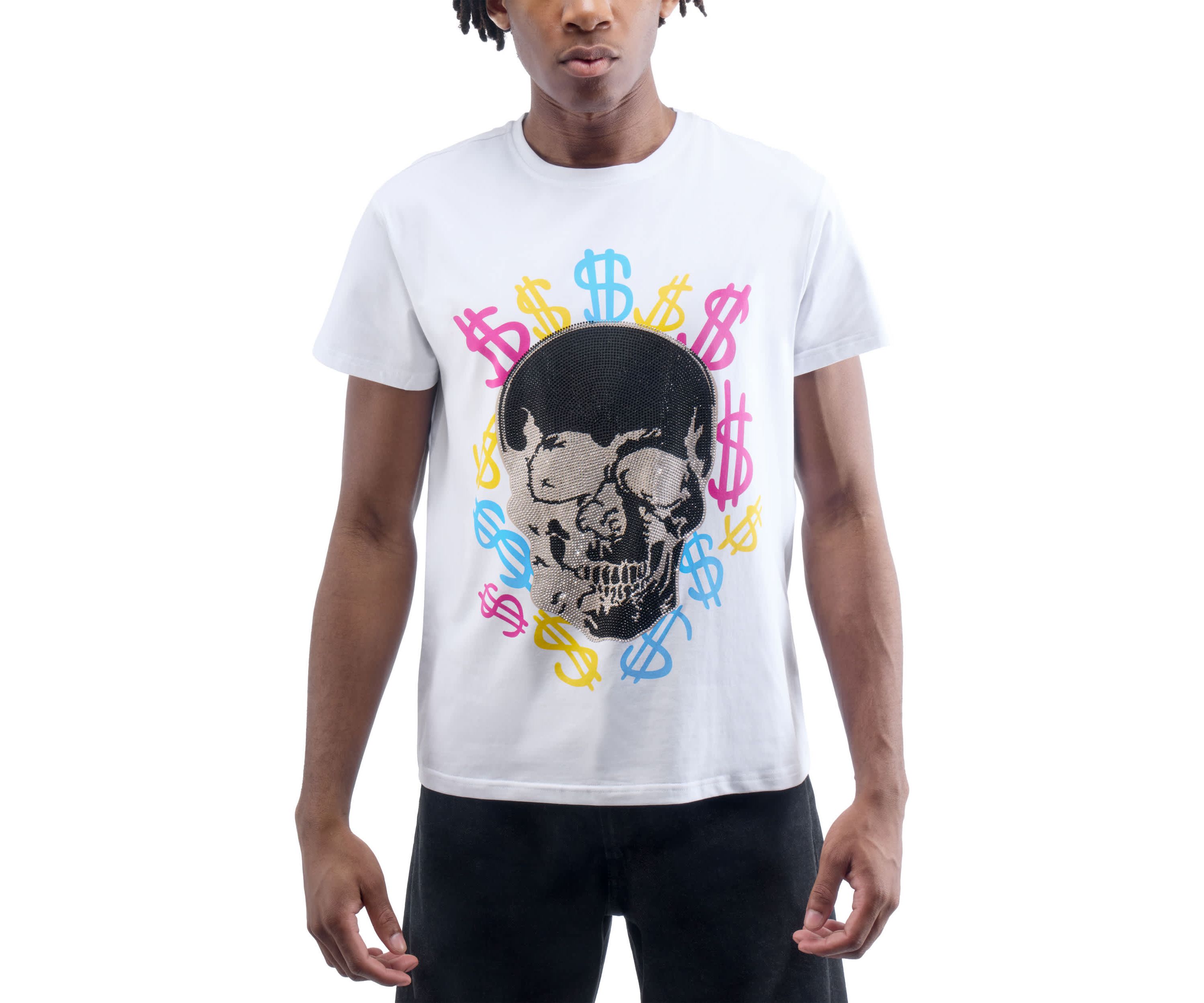 Mens Multi Color Money Skull Rhinestone Graphic T-Shirt