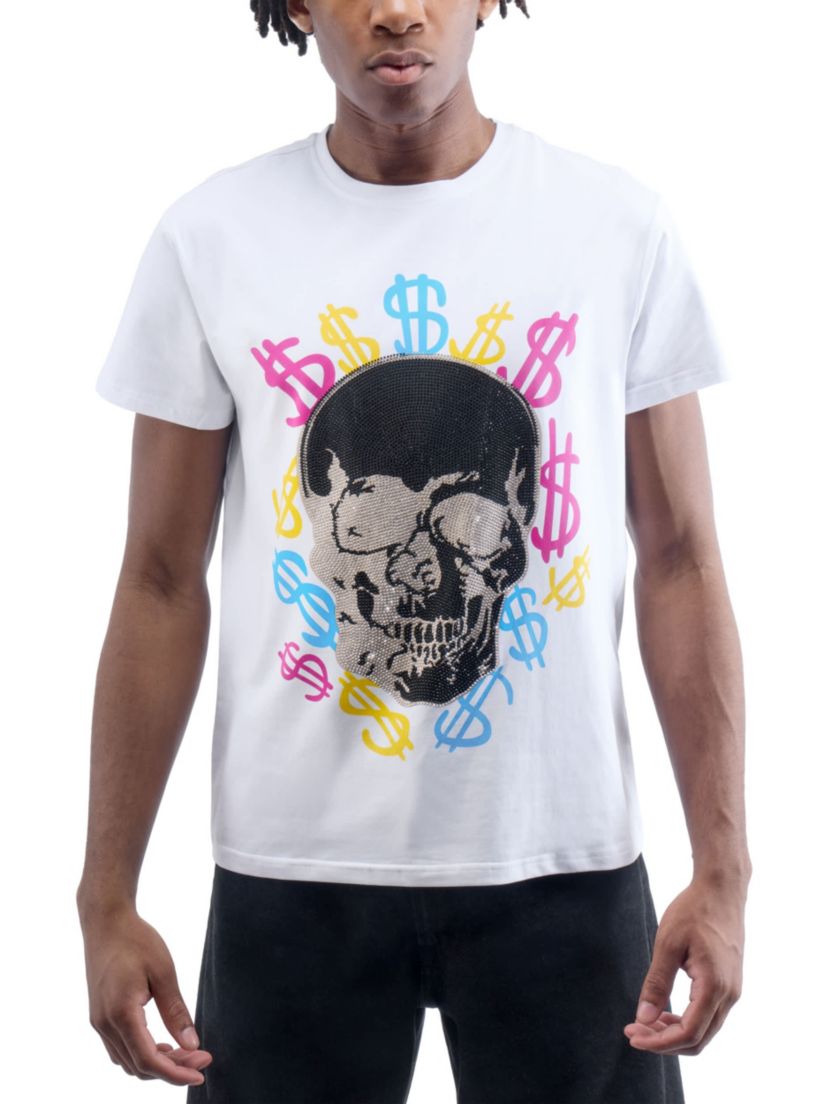 Mens Multi Color Money Skull Rhinestone Graphic T-Shirt