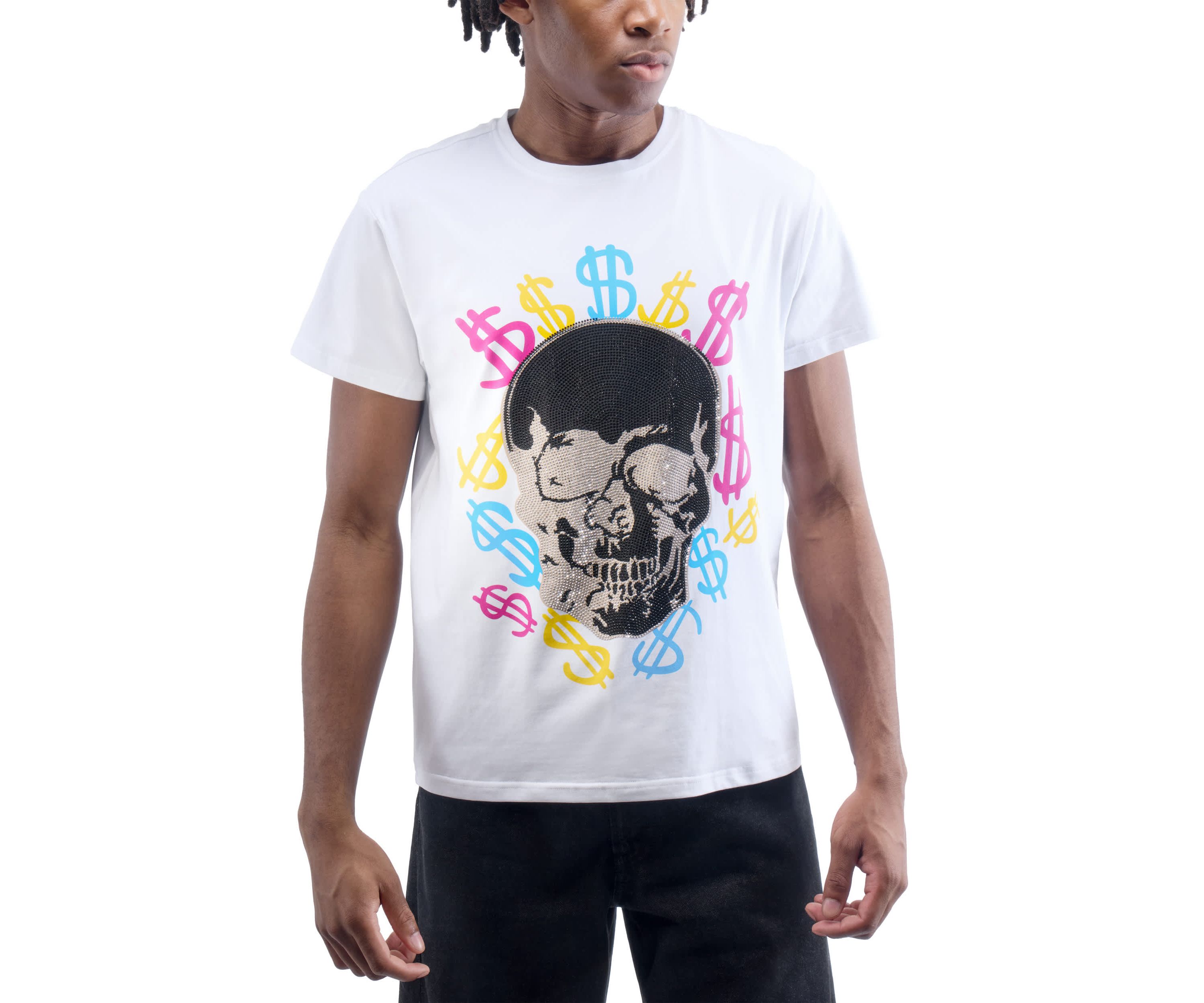 Mens Multi Color Money Skull Rhinestone Graphic T-Shirt