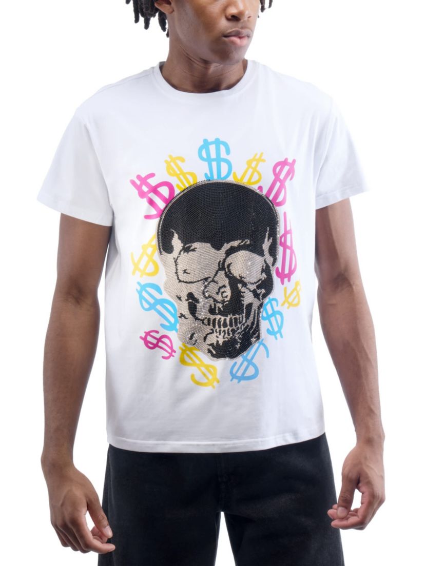 Mens Multi Color Money Skull Rhinestone Graphic T-Shirt