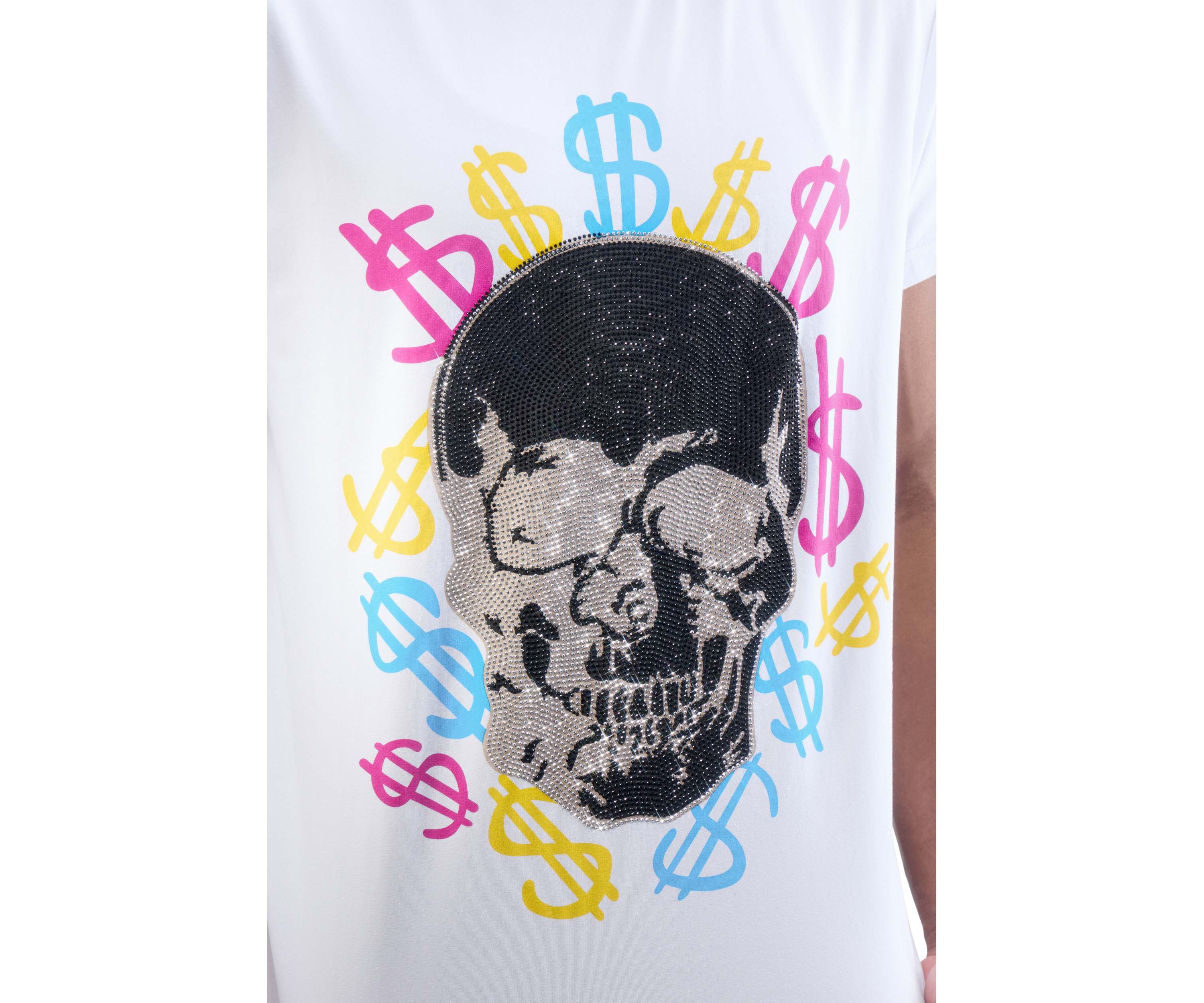 Mens Multi Color Money Skull Rhinestone Graphic T-Shirt