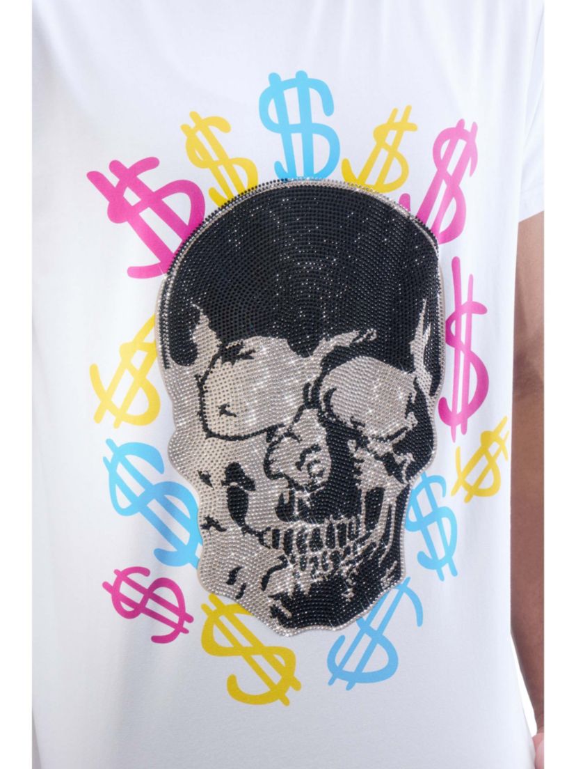 Mens Multi Color Money Skull Rhinestone Graphic T-Shirt
