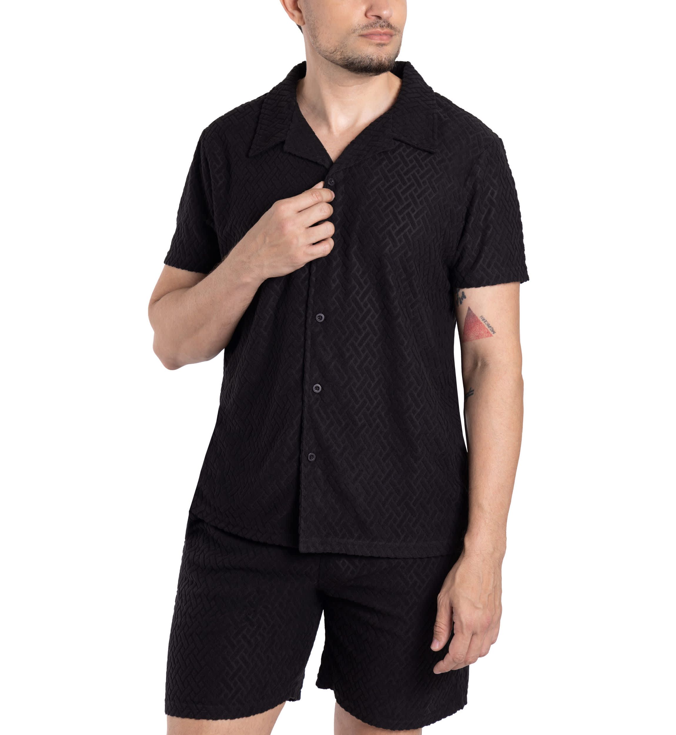 Mens Casual Textured Camp Collar Short Sleeve Button-Up Shirt