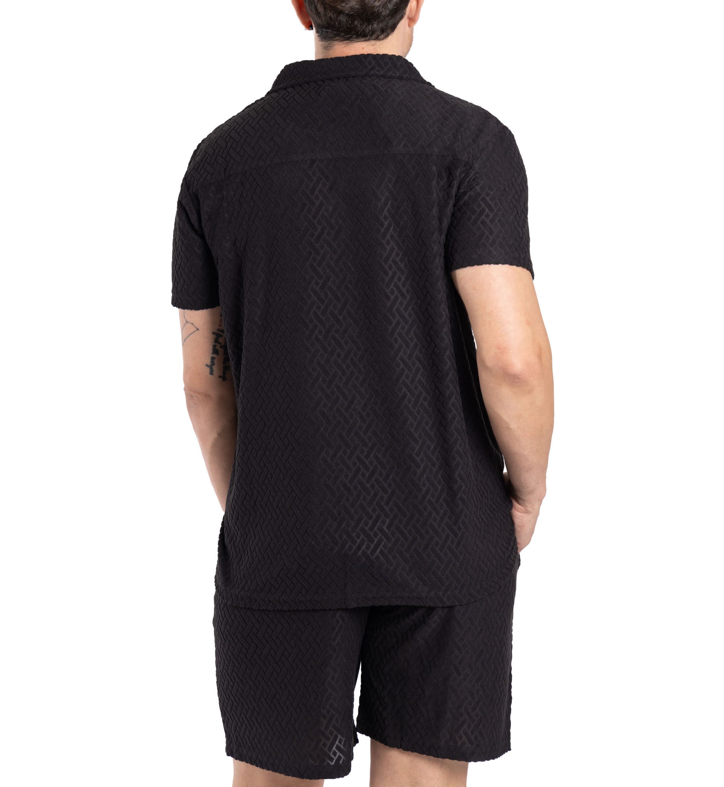 Mens Casual Textured Camp Collar Short Sleeve Button-Up Shirt