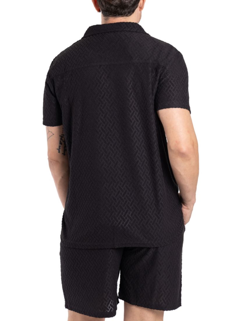 Mens Casual Textured Camp Collar Short Sleeve Button-Up Shirt