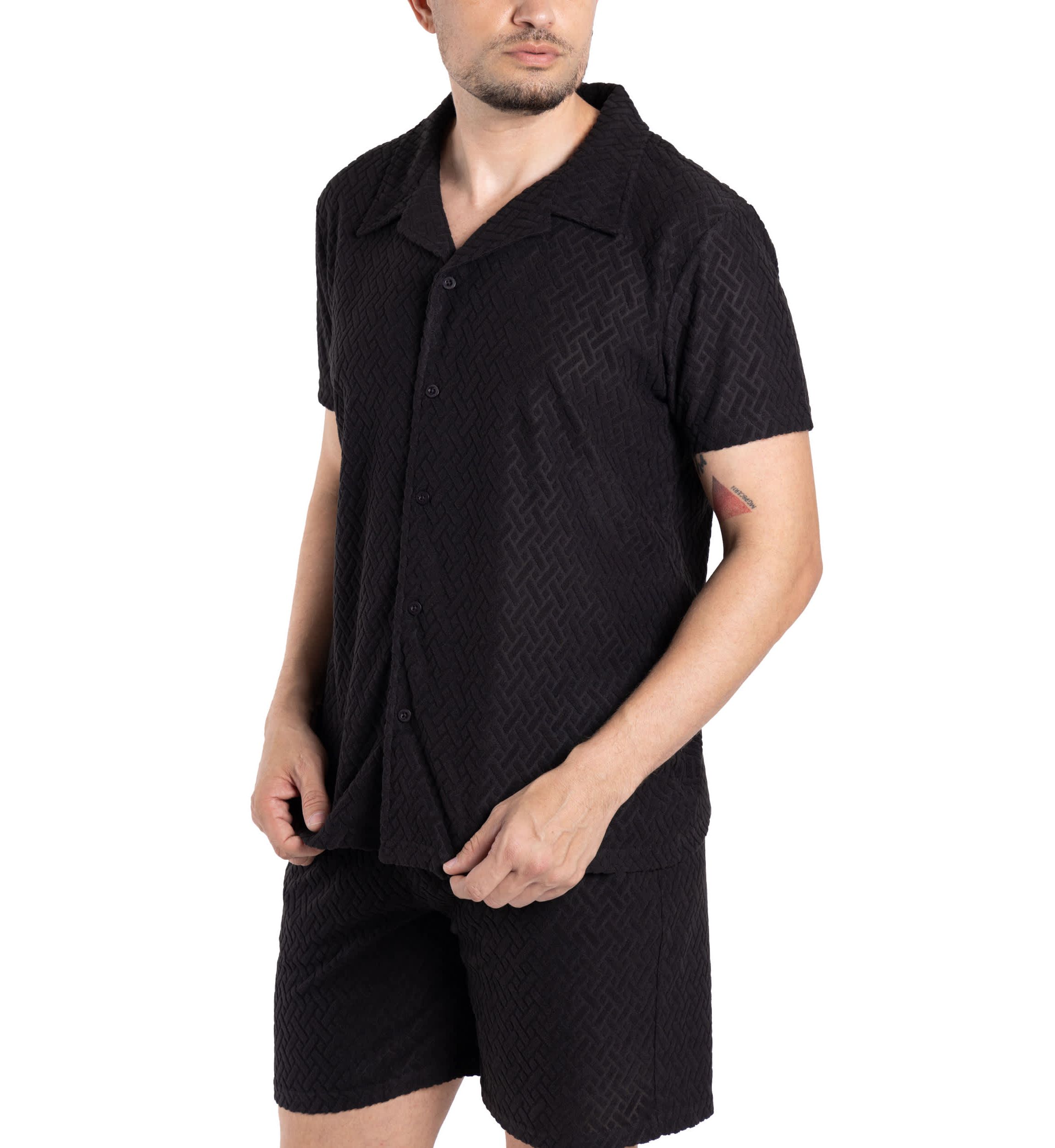 Mens Casual Textured Camp Collar Short Sleeve Button-Up Shirt