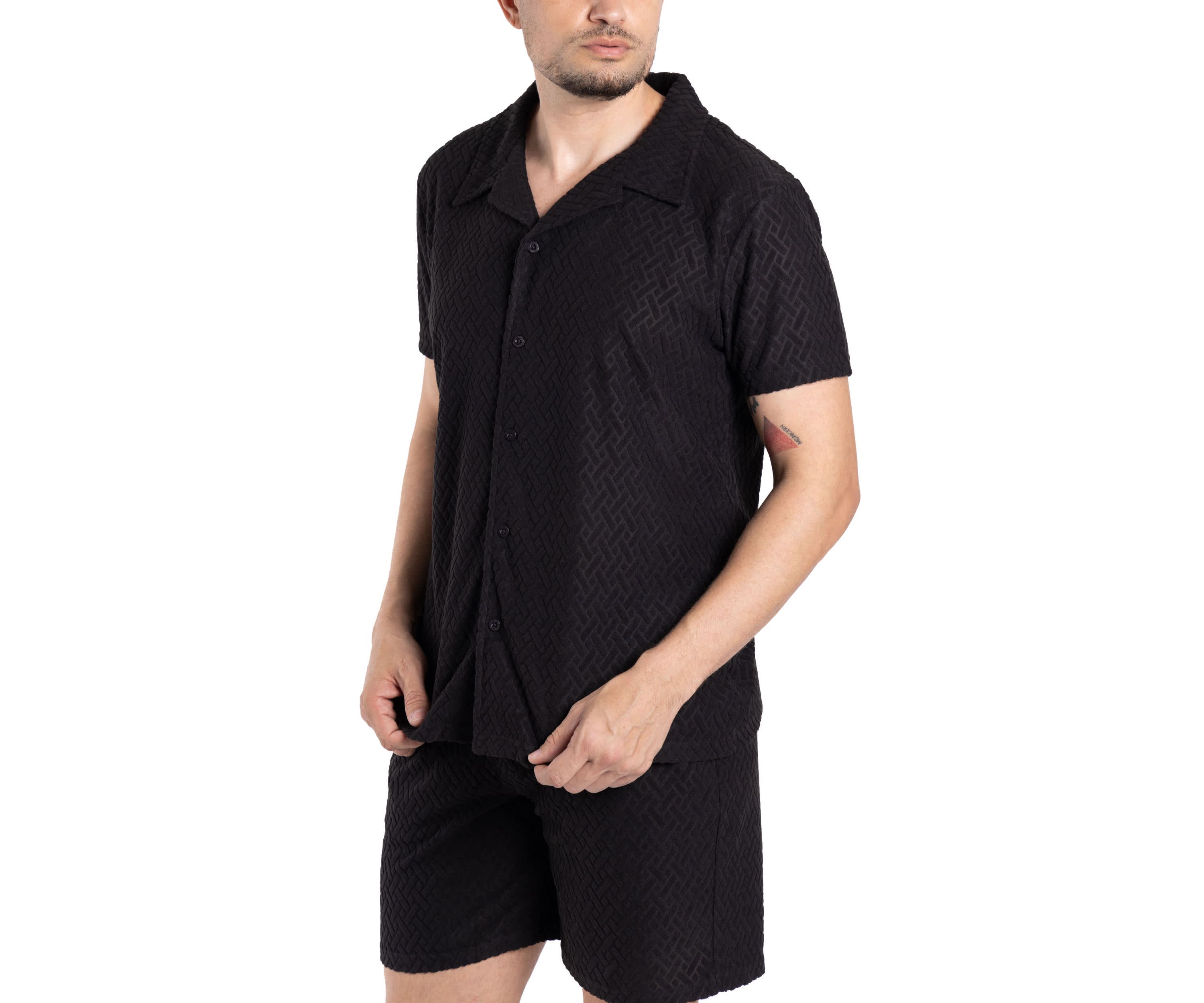 Mens Casual Textured Camp Collar Short Sleeve Button-Up Shirt