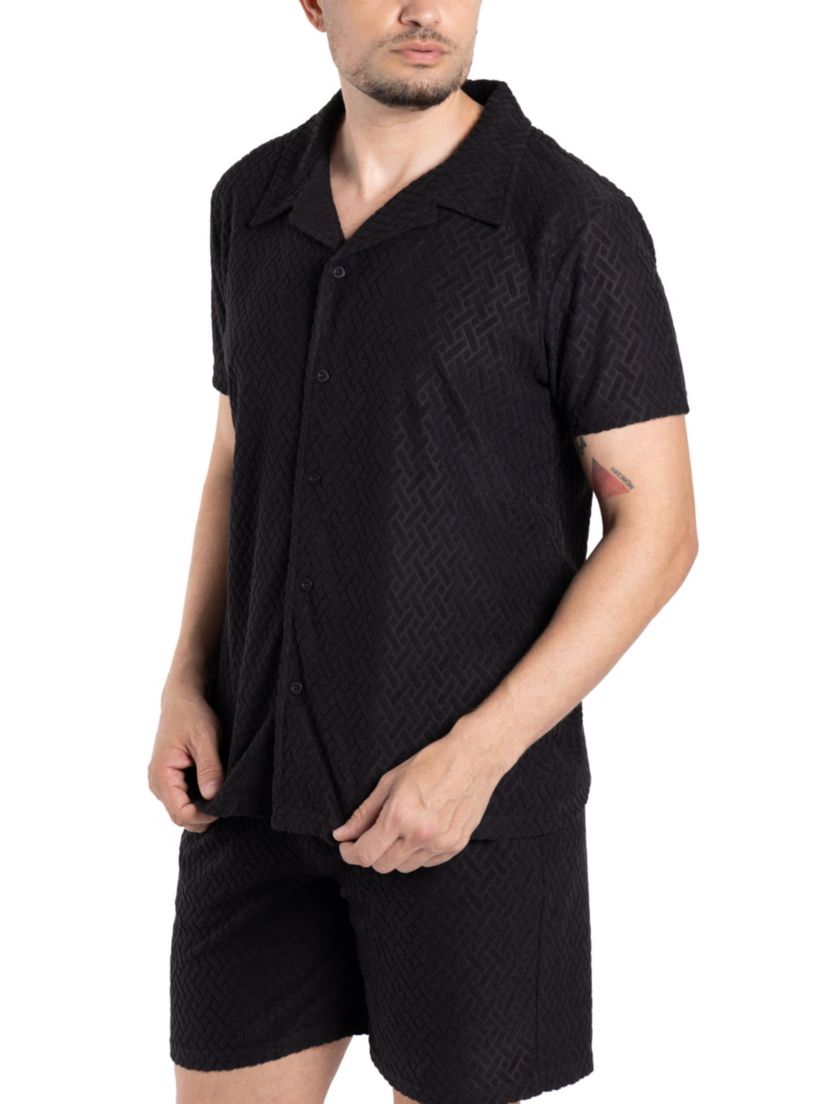 Mens Casual Textured Camp Collar Short Sleeve Button-Up Shirt