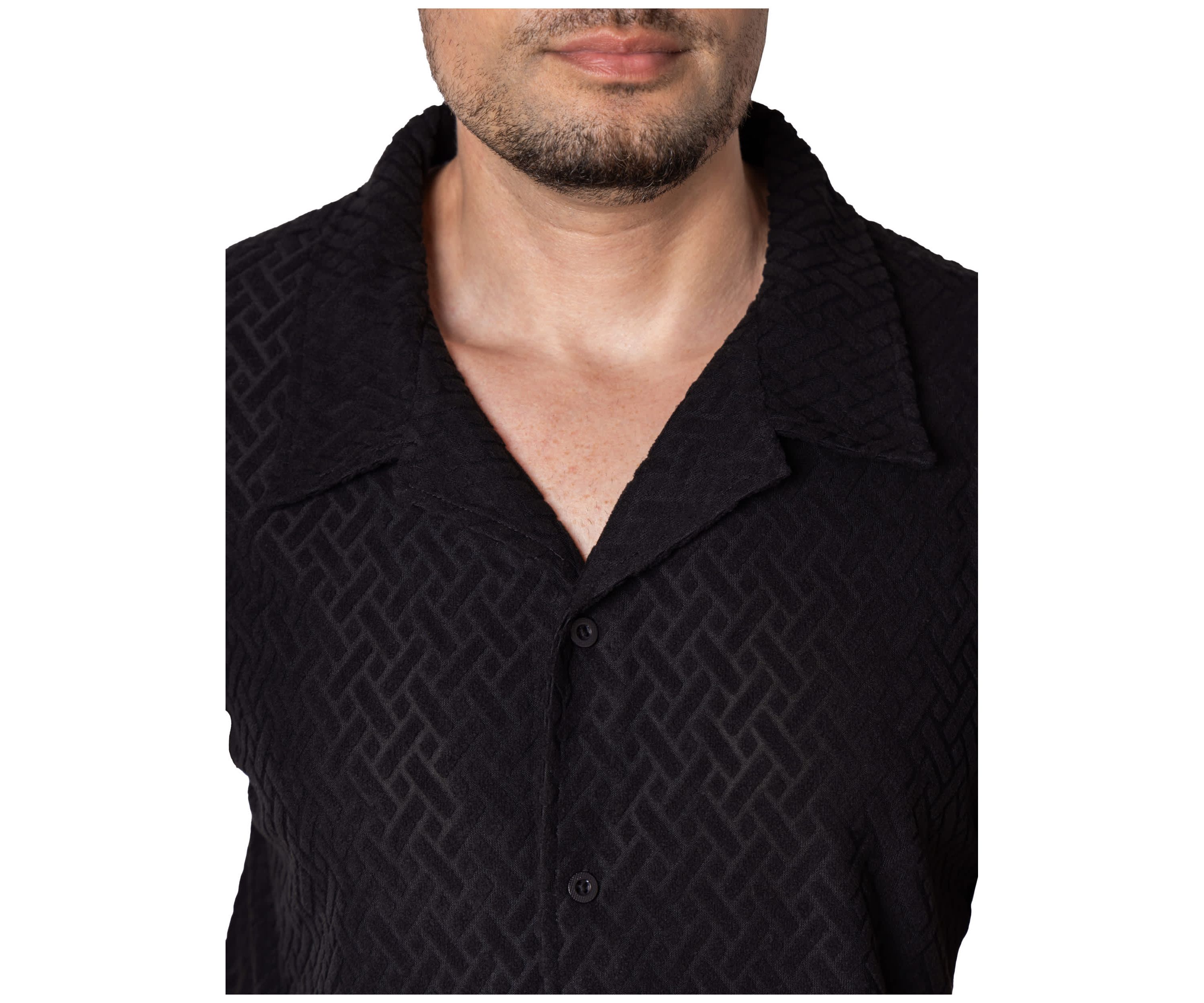 Mens Casual Textured Camp Collar Short Sleeve Button-Up Shirt
