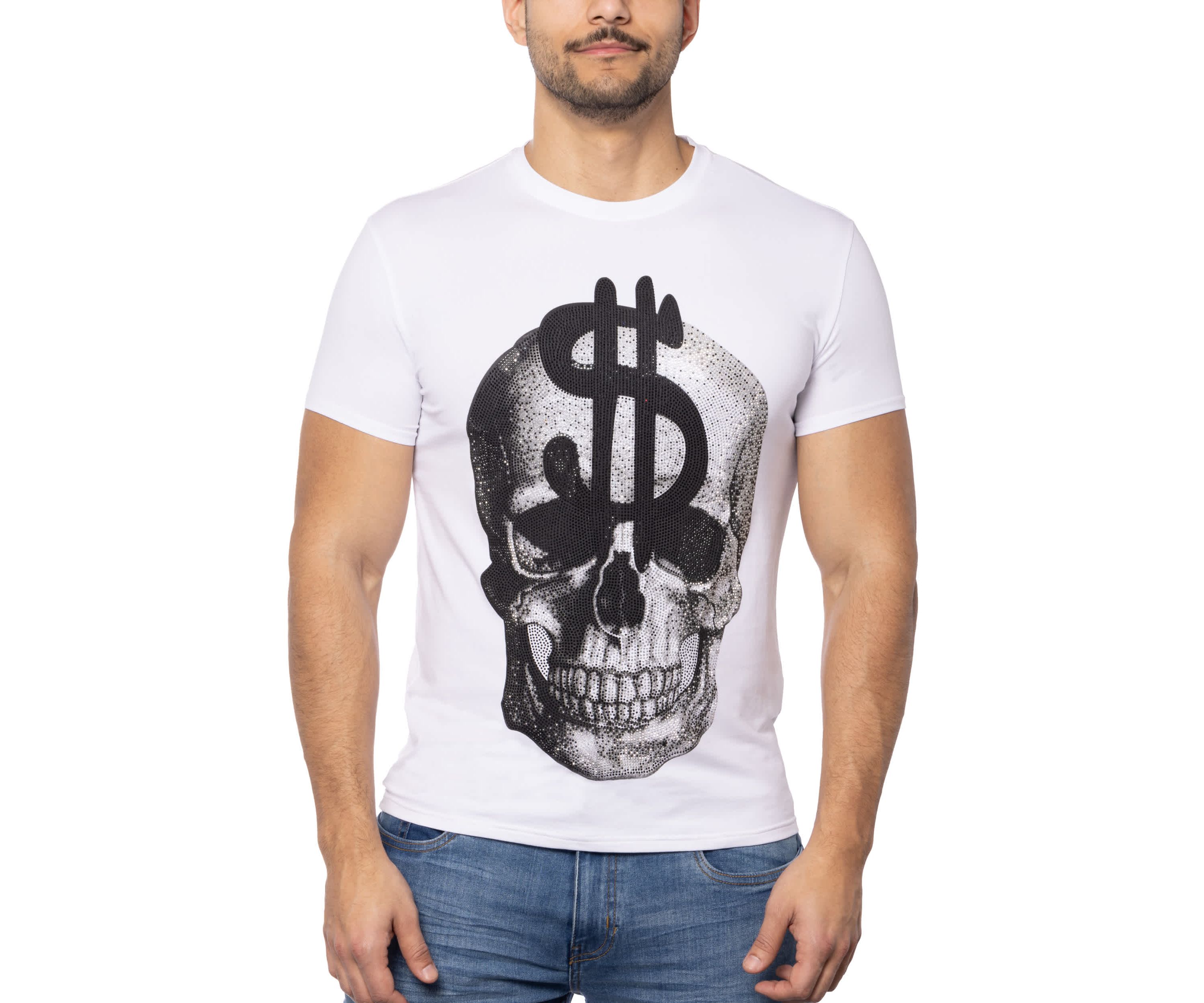 Mens Skull With $ Dollar Sign Rhinestone Graphic T-Shirts