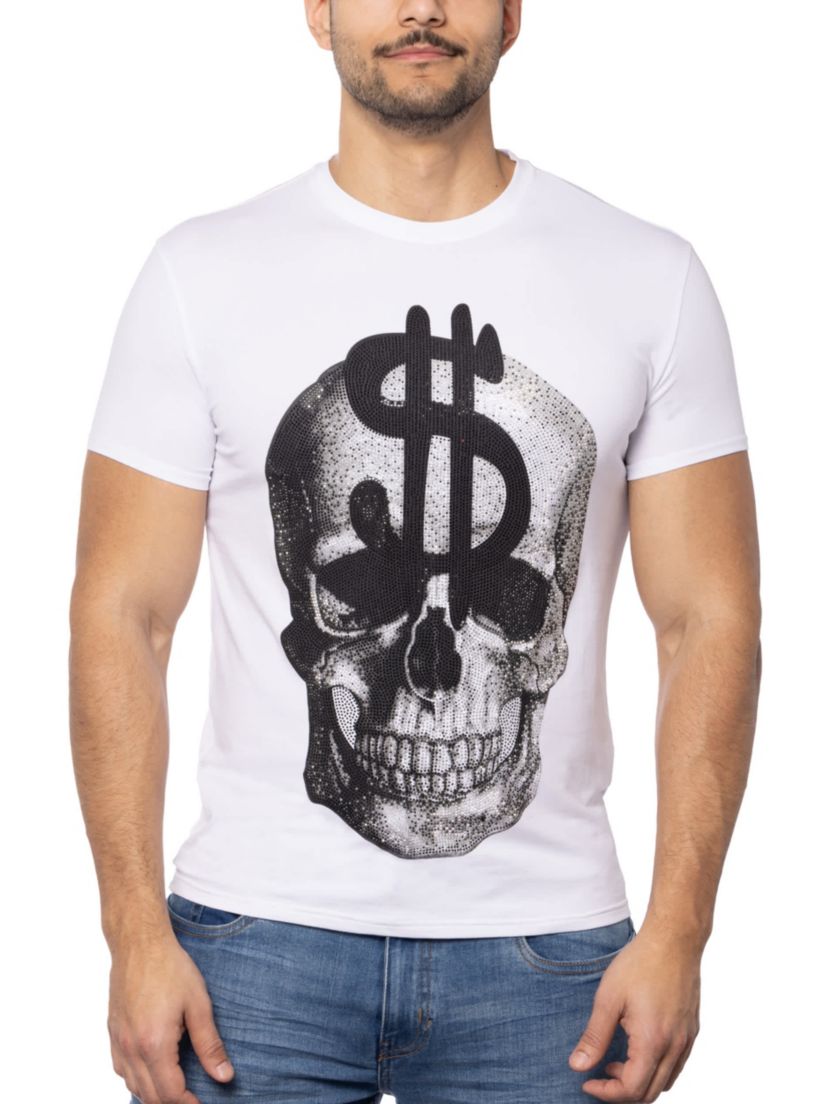 Mens Skull With $ Dollar Sign Rhinestone Graphic T-Shirts