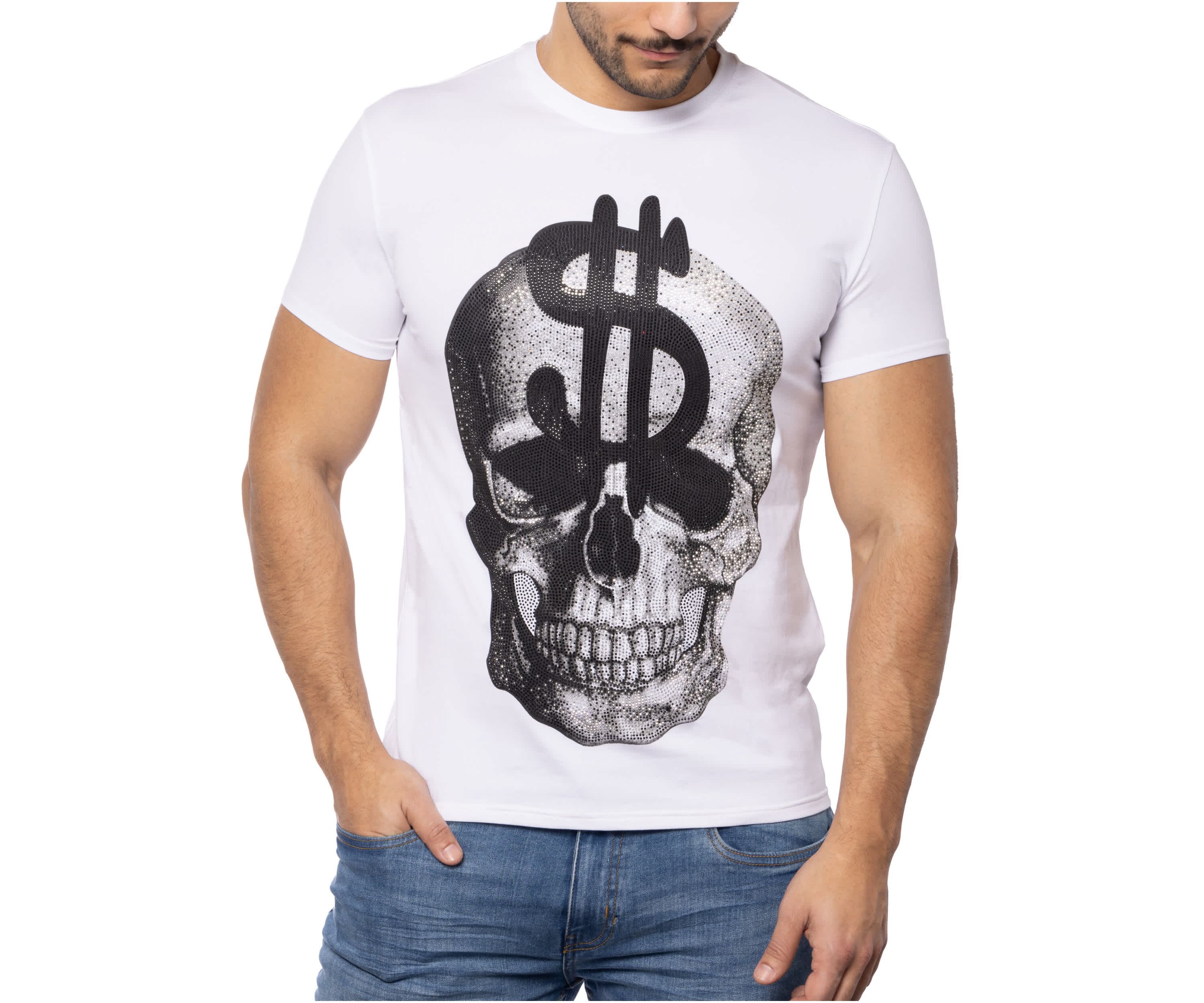 Mens Skull With $ Dollar Sign Rhinestone Graphic T-Shirts