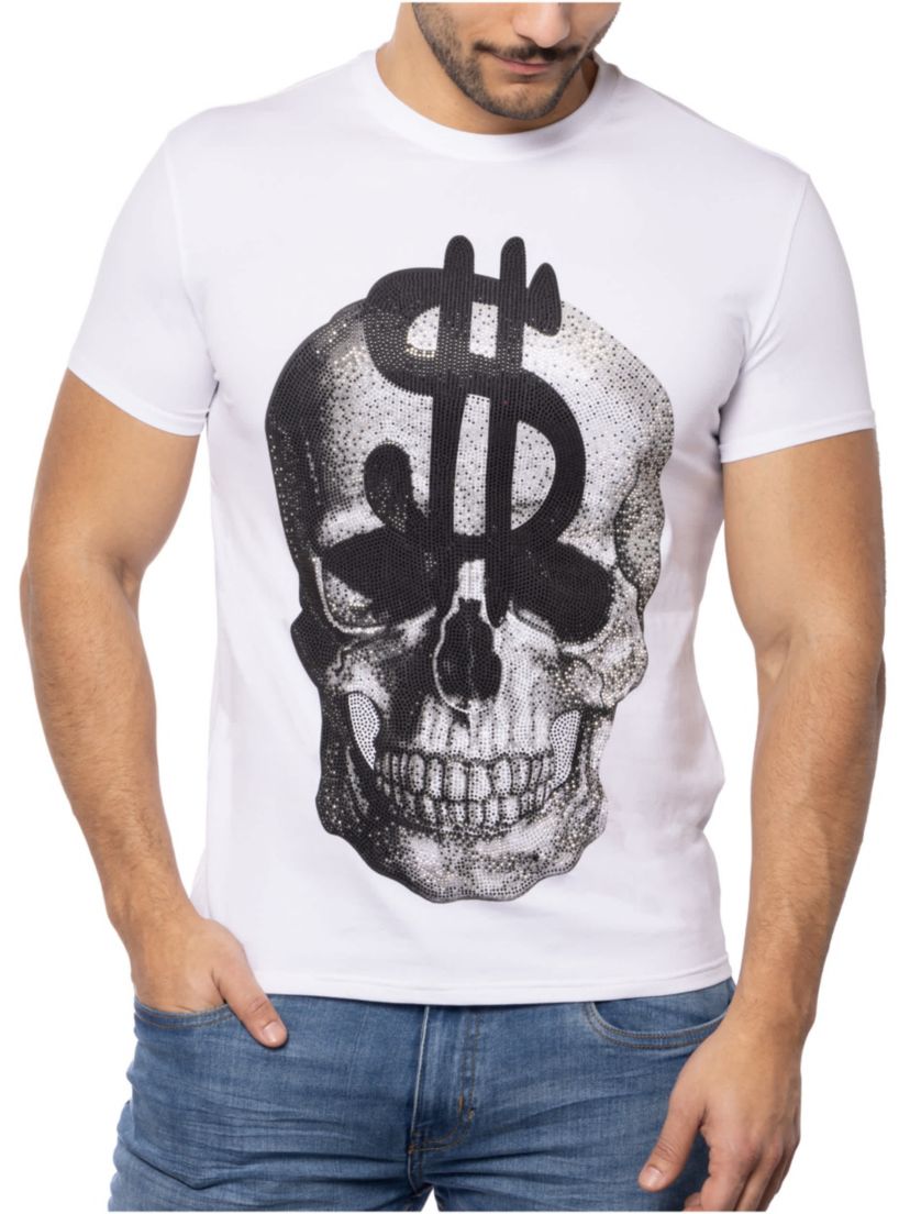 Mens Skull With $ Dollar Sign Rhinestone Graphic T-Shirts
