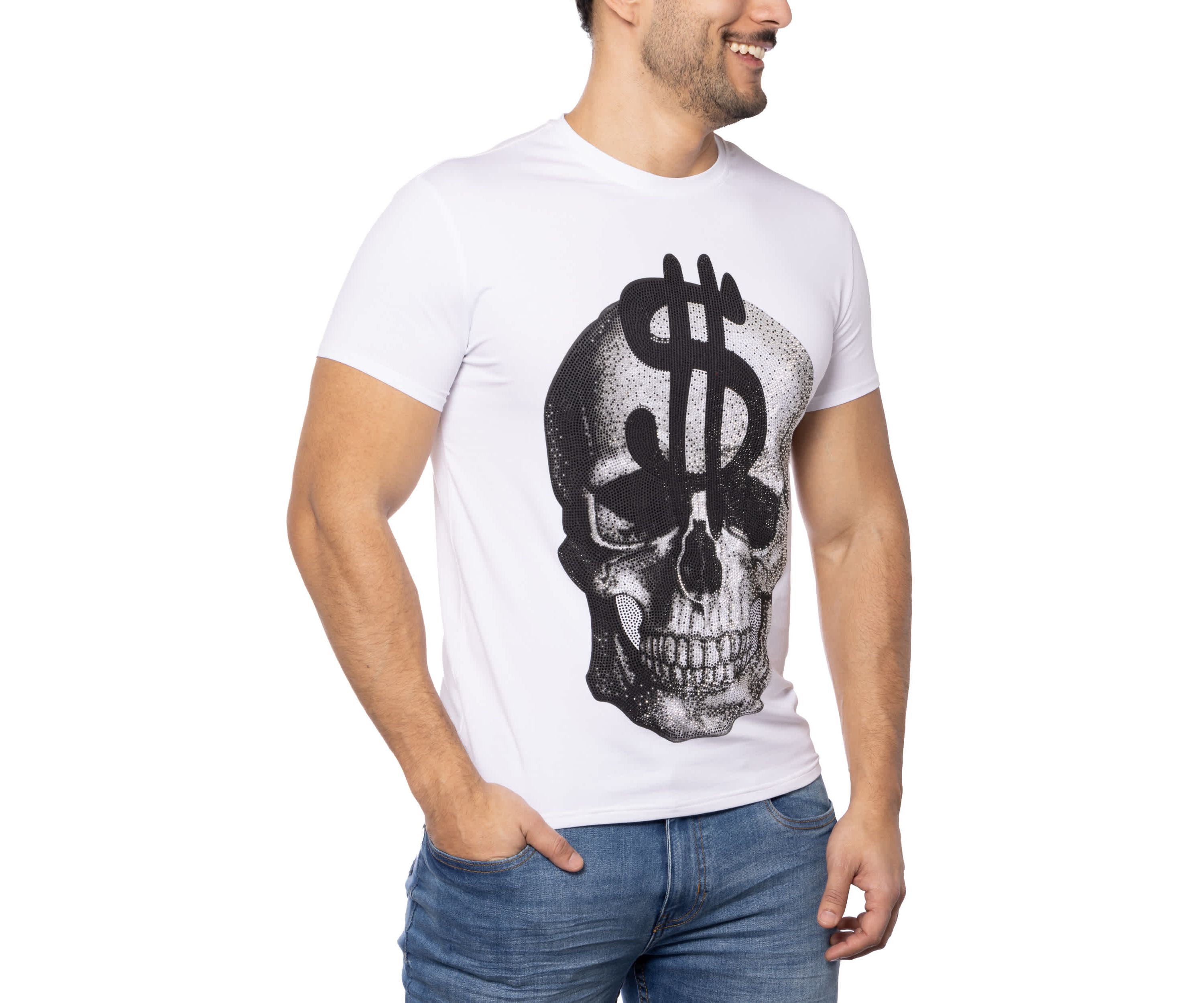 Mens Skull With $ Dollar Sign Rhinestone Graphic T-Shirts