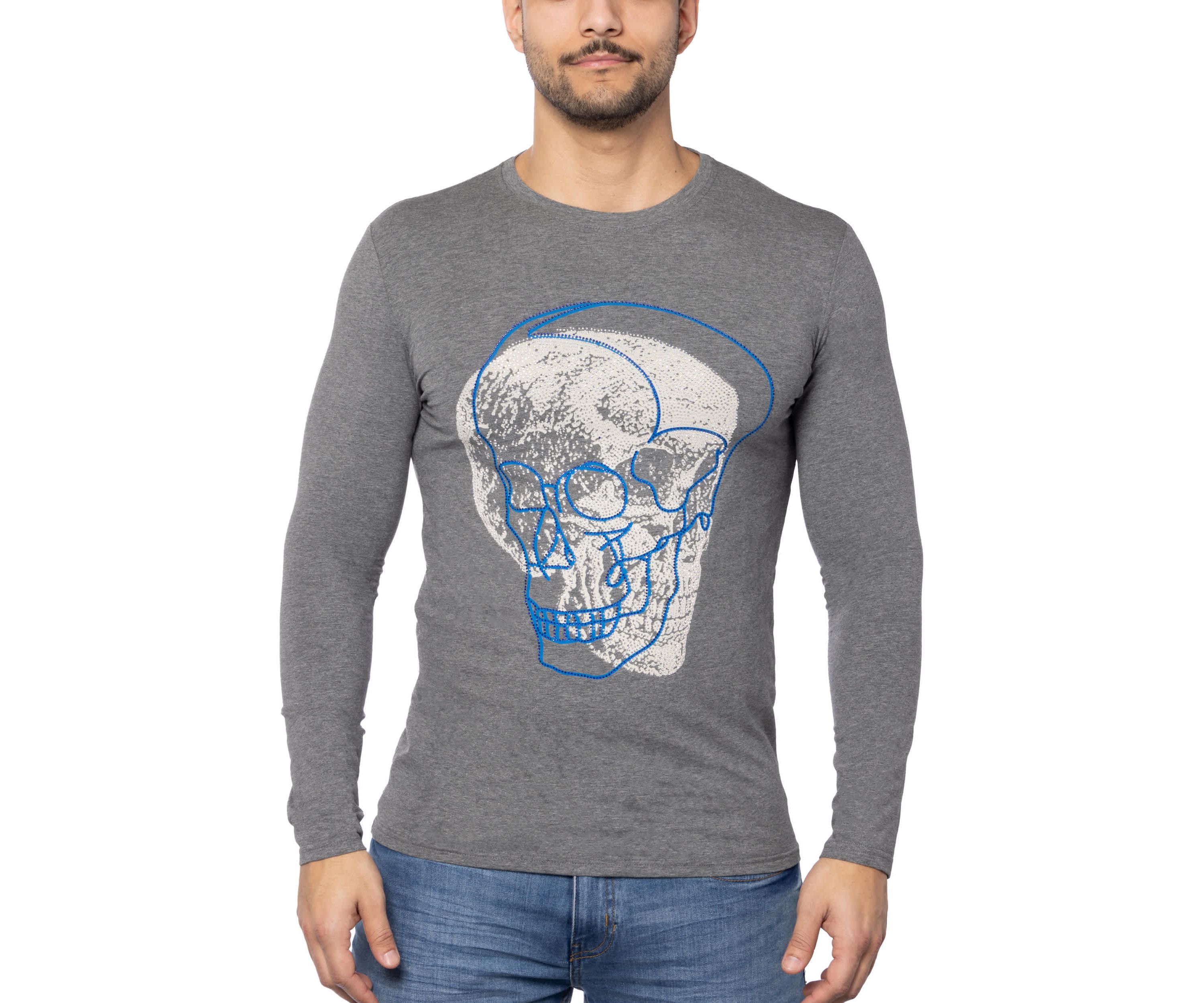 Mens Outlined Skull Rhinestone Graphic Long Sleeves T-Shirts