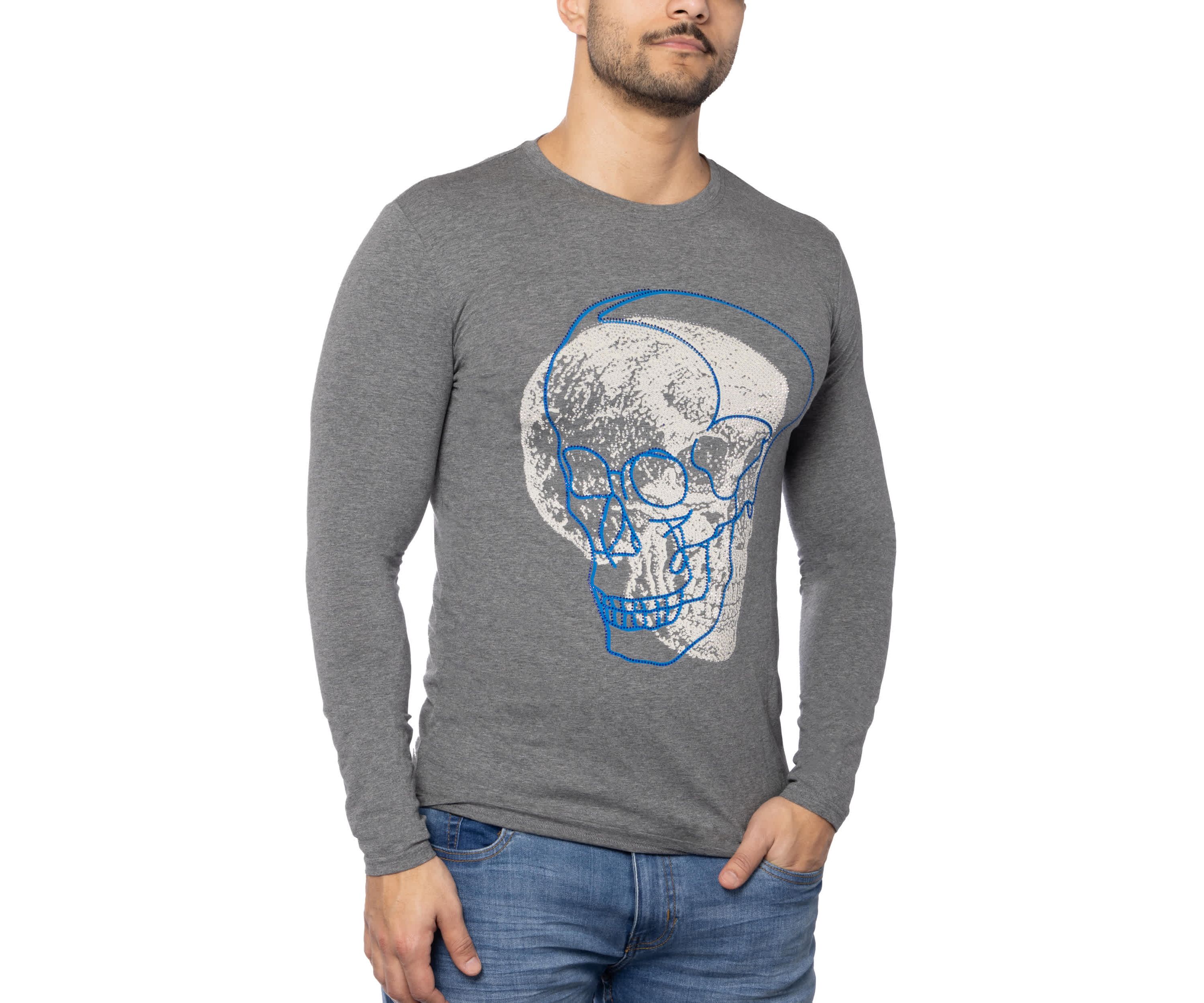 Mens Outlined Skull Rhinestone Graphic Long Sleeves T-Shirts
