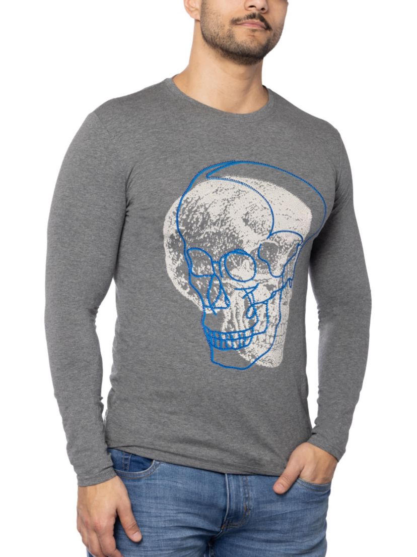 Mens Outlined Skull Rhinestone Graphic Long Sleeves T-Shirts