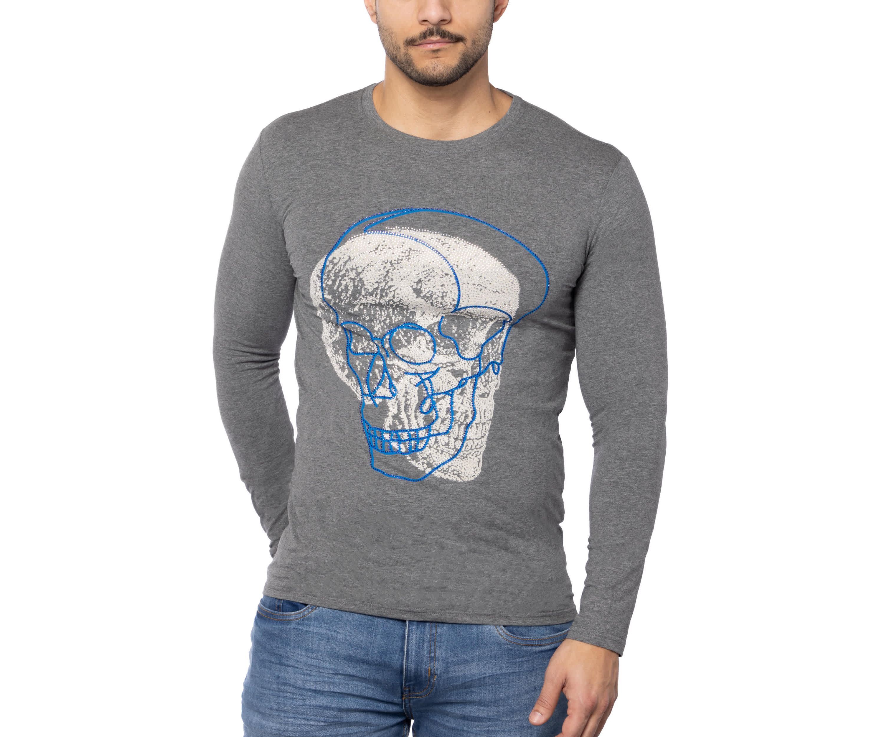 Mens Outlined Skull Rhinestone Graphic Long Sleeves T-Shirts