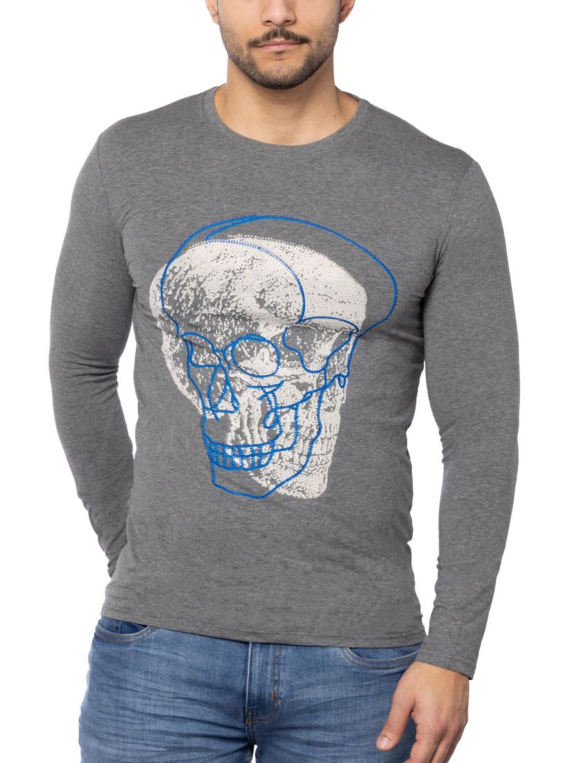 Mens Outlined Skull Rhinestone Graphic Long Sleeves T-Shirts