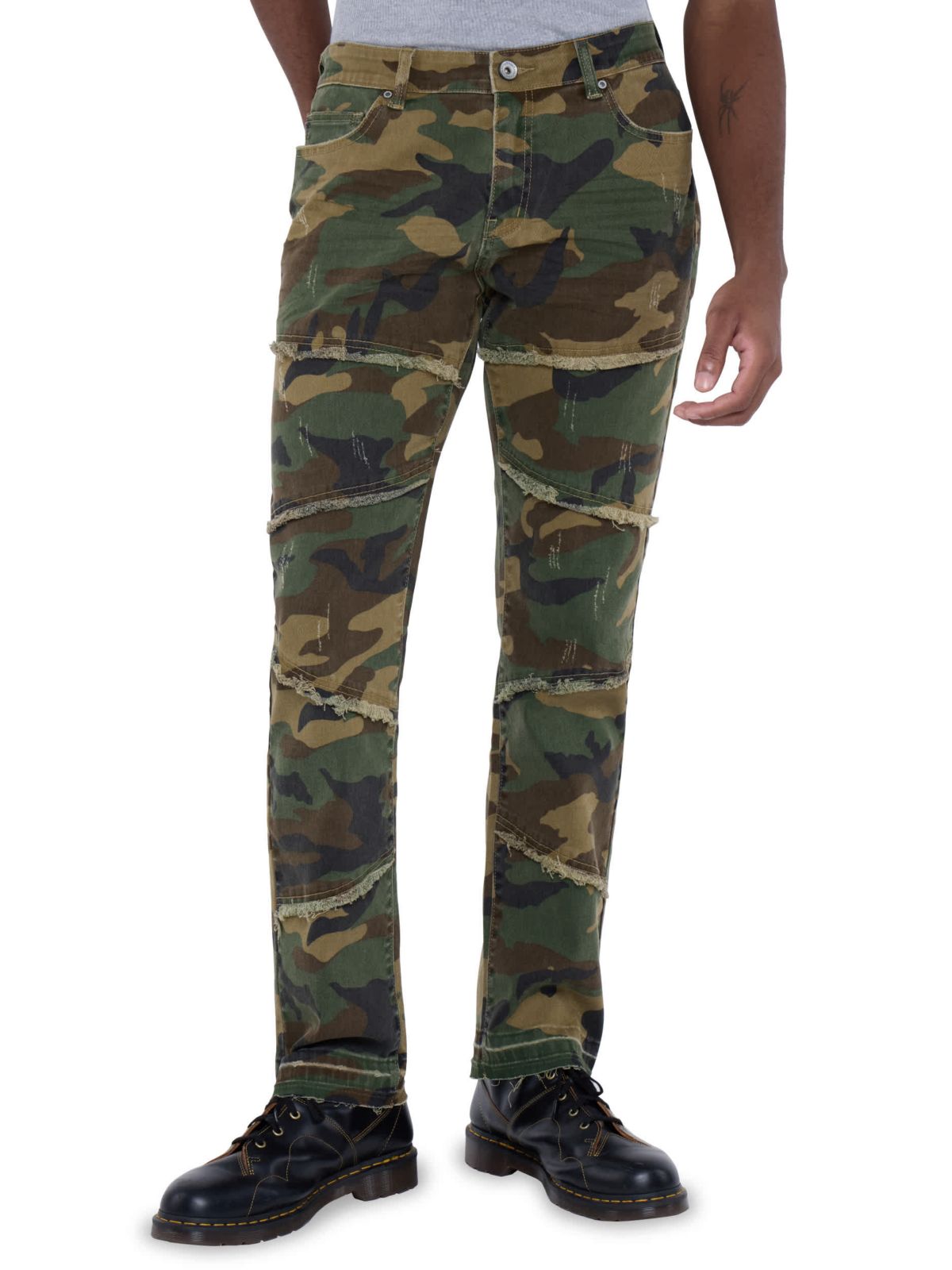 Mens Printed Pieced Fringed Denim Jeans