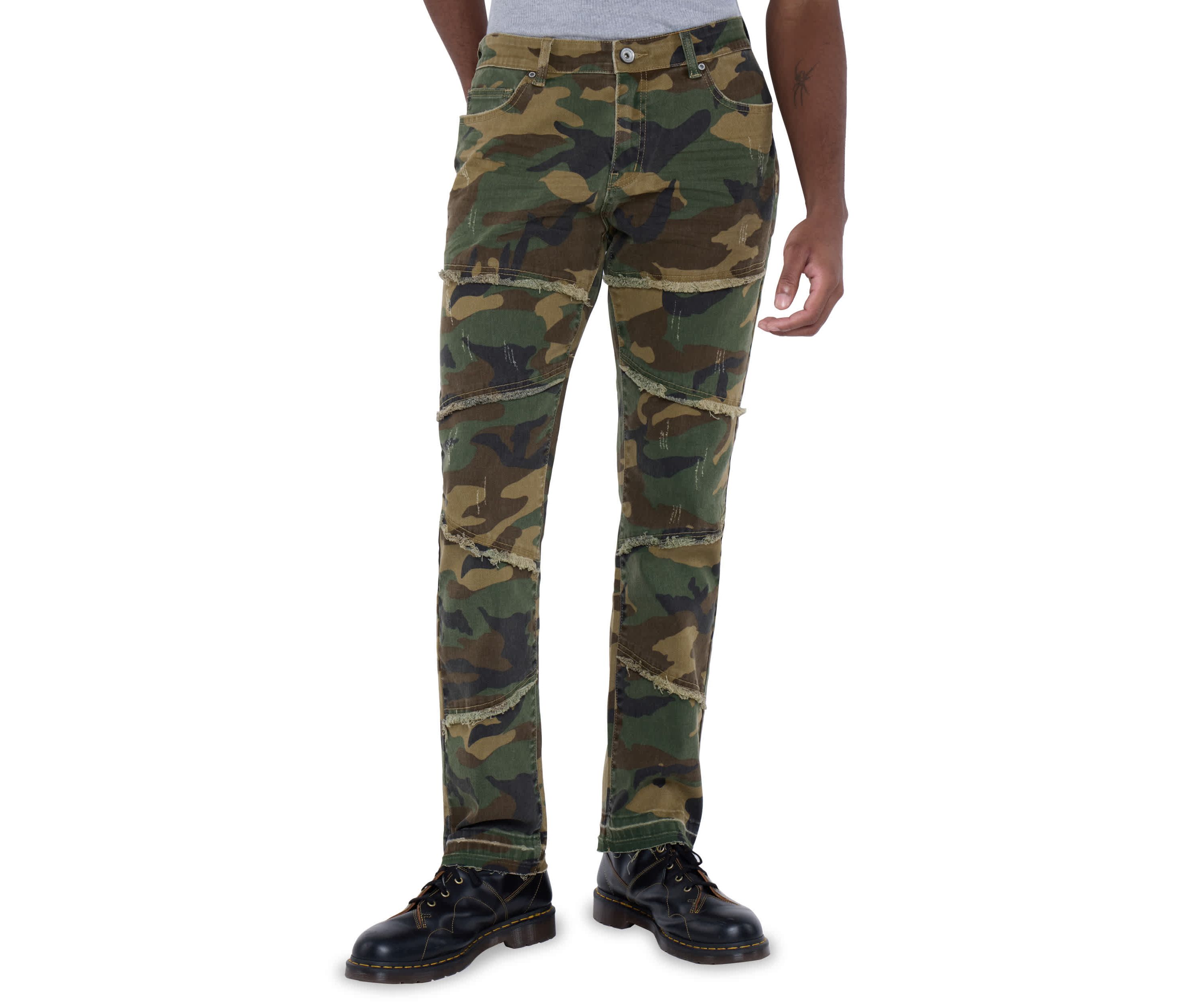 Mens Printed Pieced Fringed Denim Jeans