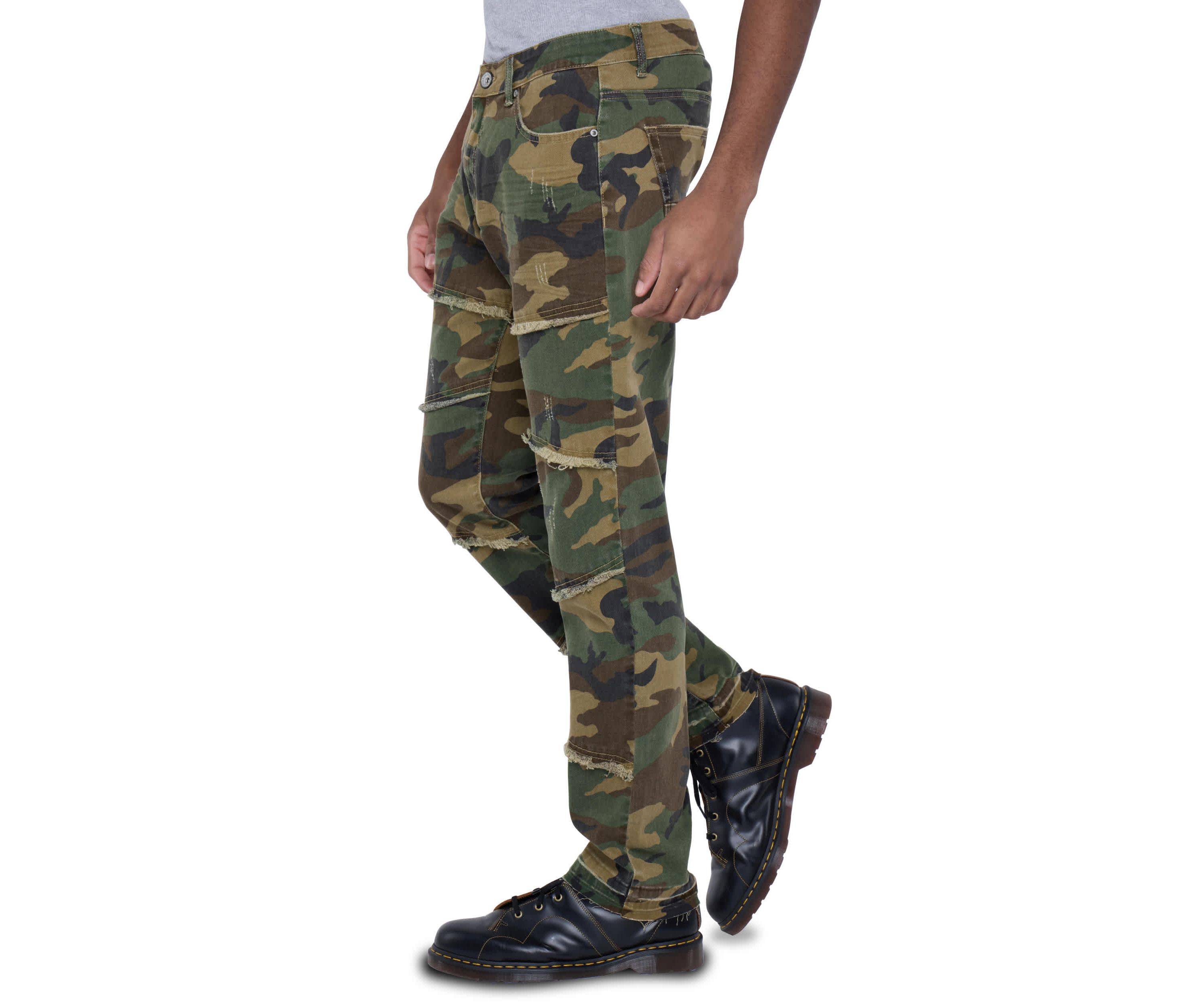 Mens Printed Pieced Fringed Denim Jeans