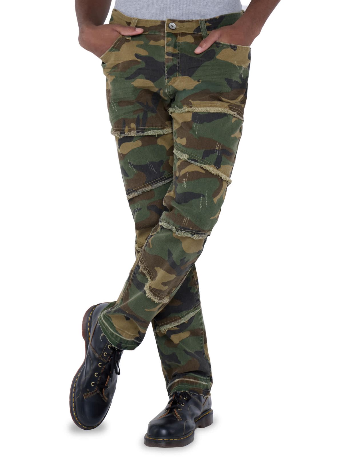 Mens Printed Pieced Fringed Denim Jeans