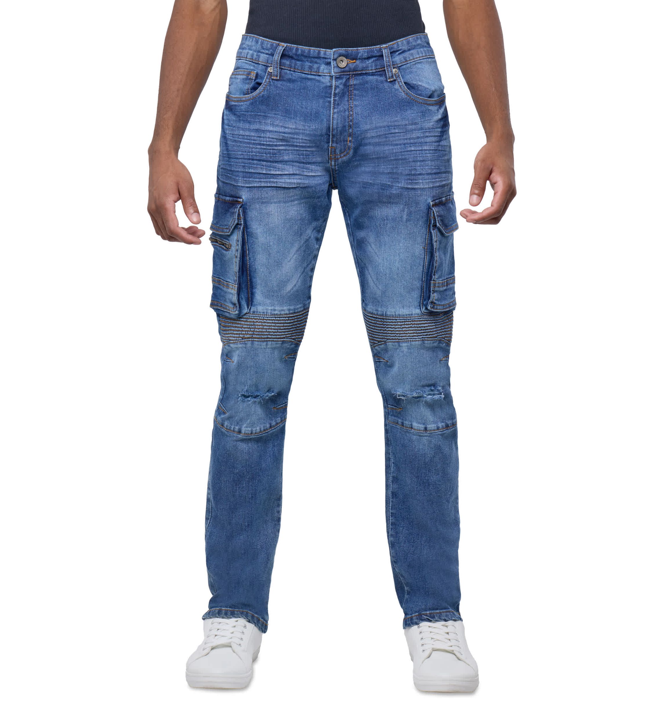 Mens Slim Fit Moto Rip And Repair Cargo Pocket Denim Jeans