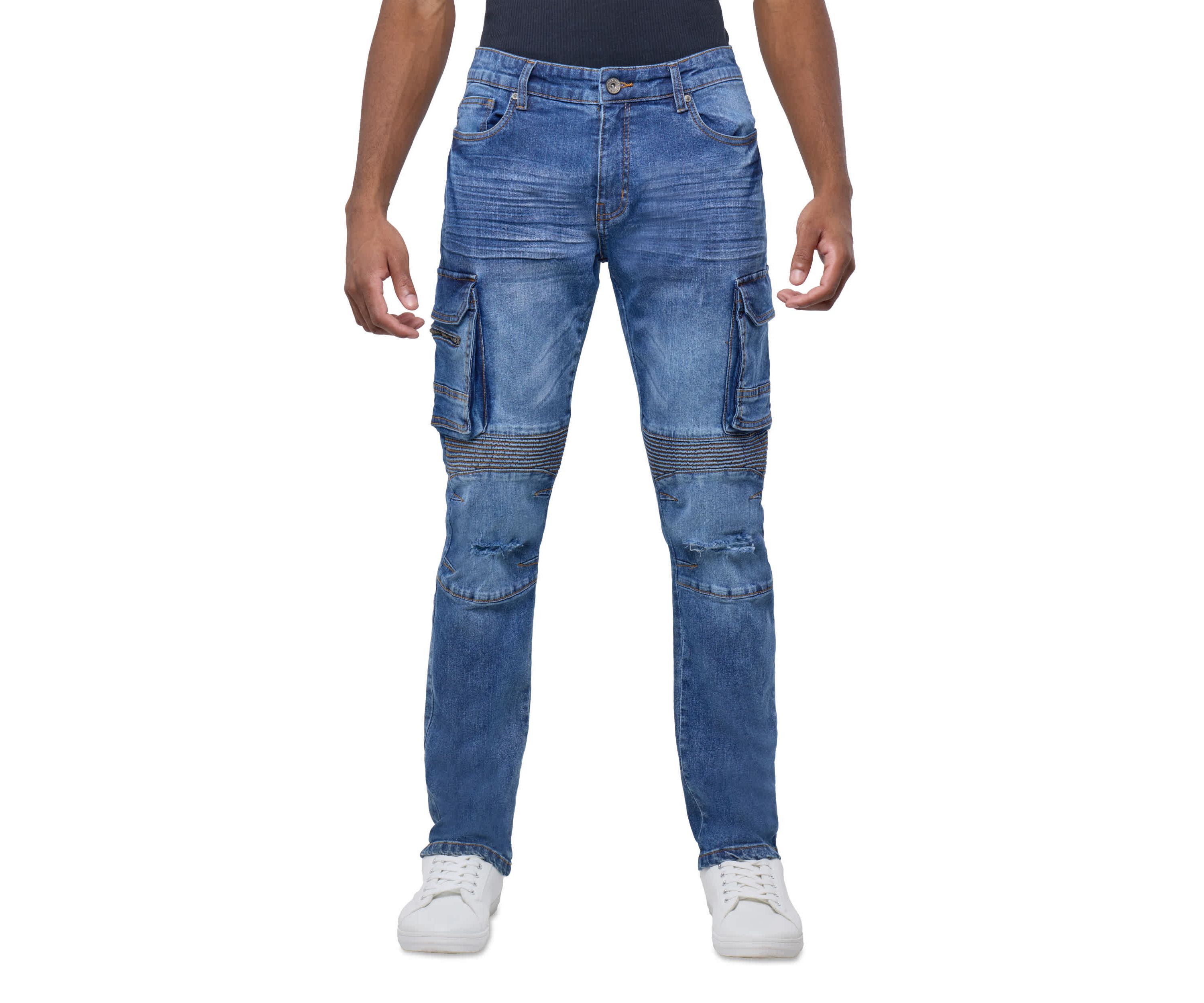 Mens Slim Fit Moto Rip And Repair Cargo Pocket Denim Jeans