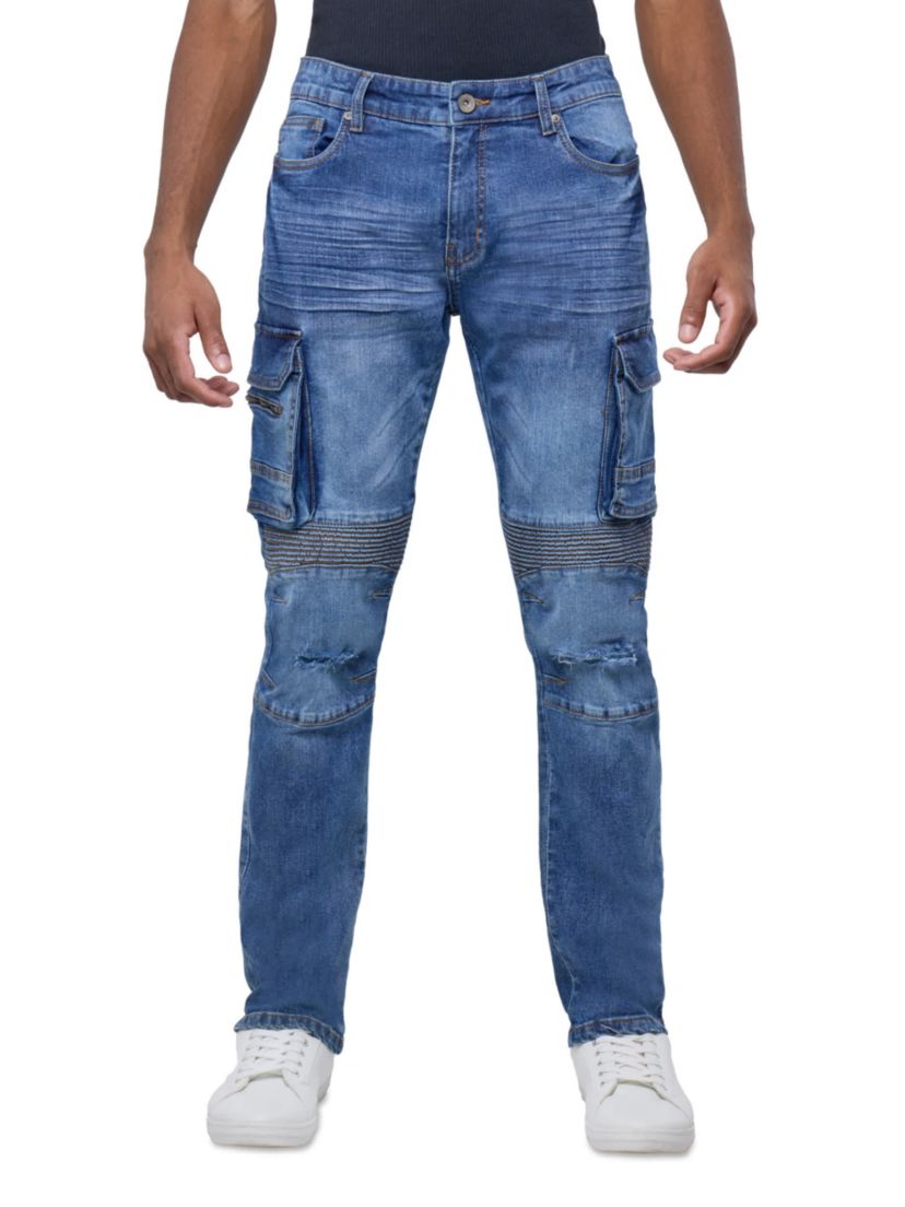 Mens Slim Fit Moto Rip And Repair Cargo Pocket Denim Jeans