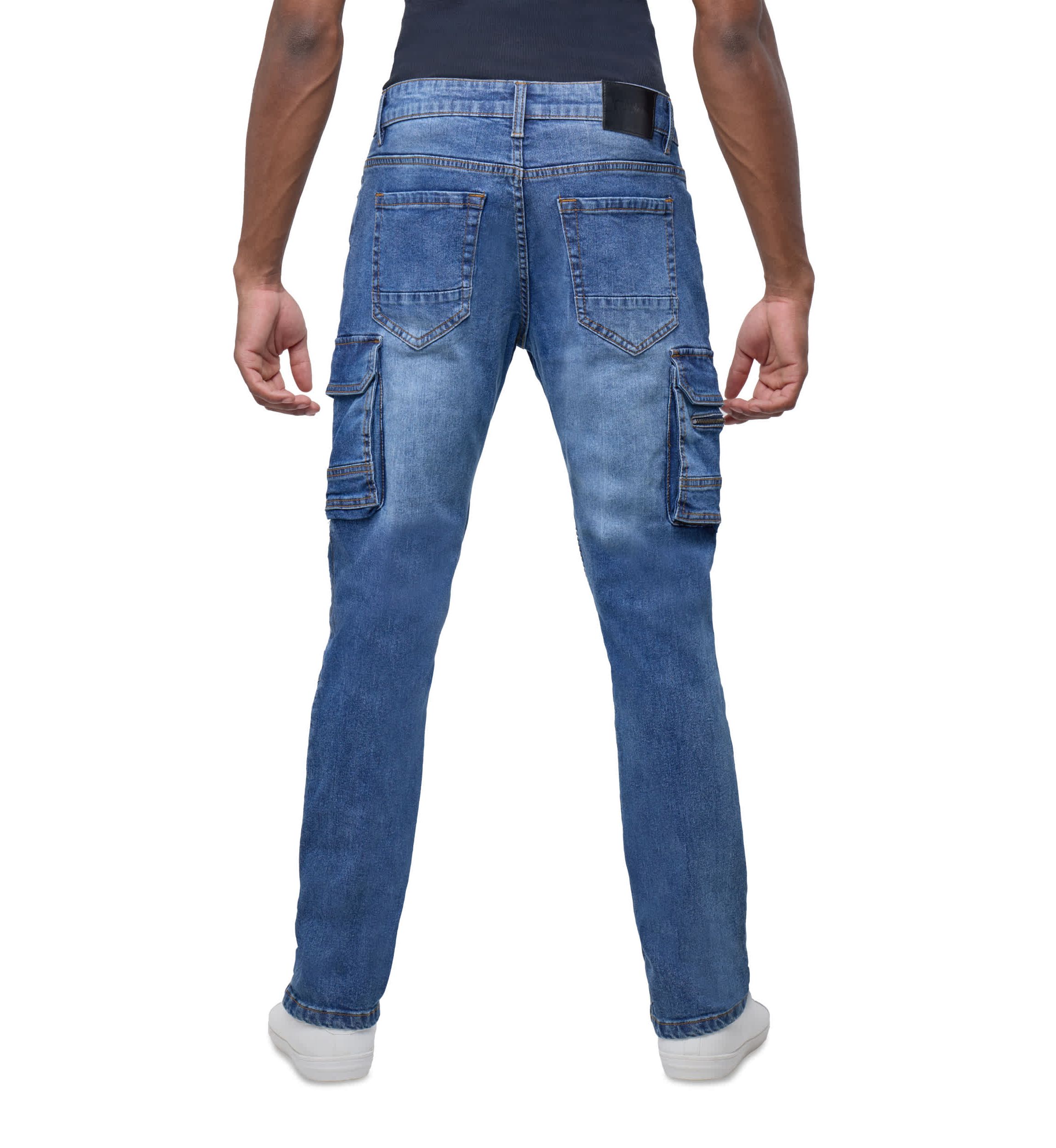 Mens Slim Fit Moto Rip And Repair Cargo Pocket Denim Jeans
