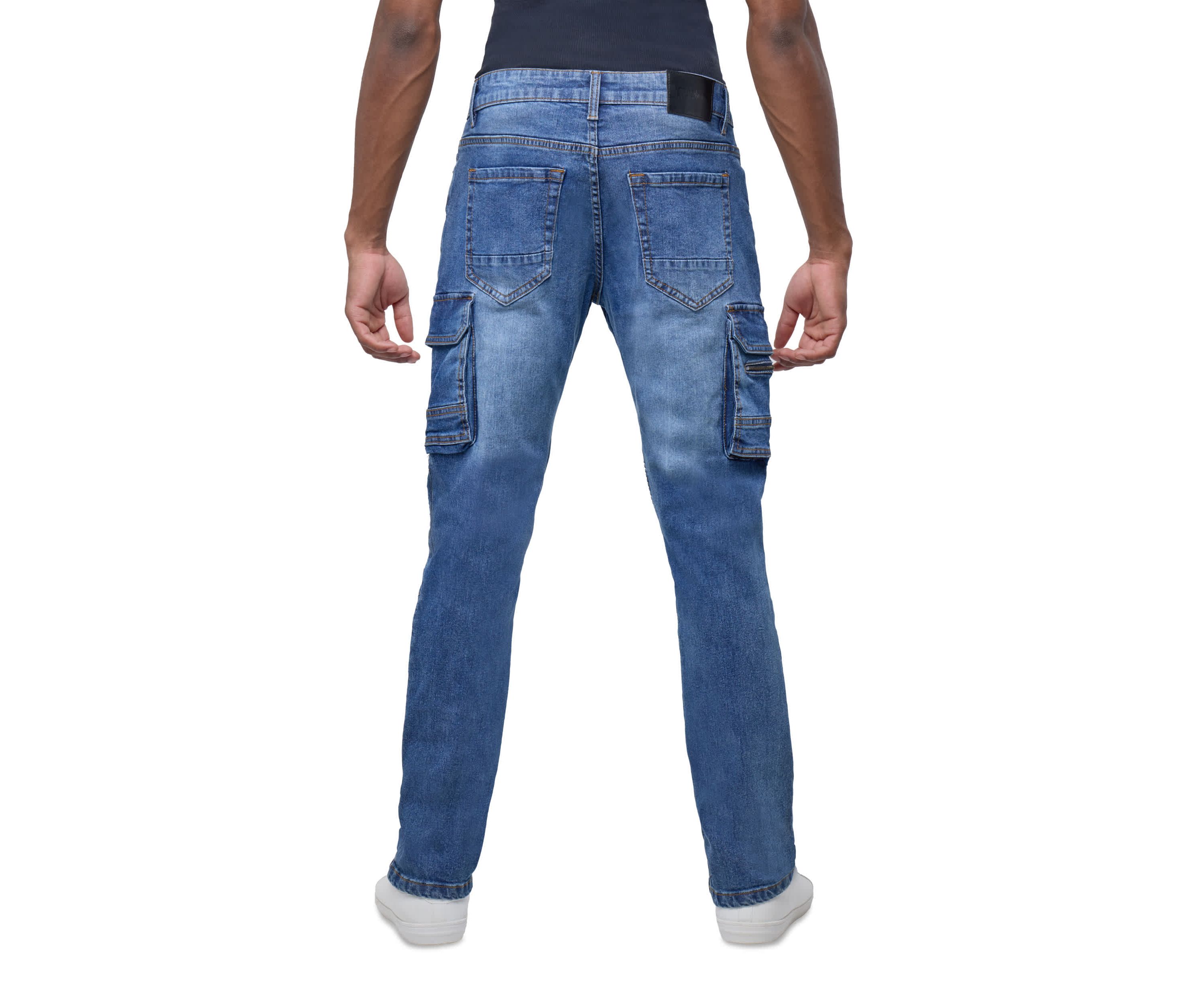 Mens Slim Fit Moto Rip And Repair Cargo Pocket Denim Jeans