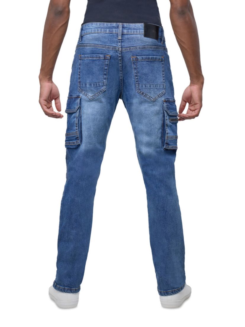 Mens Slim Fit Moto Rip And Repair Cargo Pocket Denim Jeans